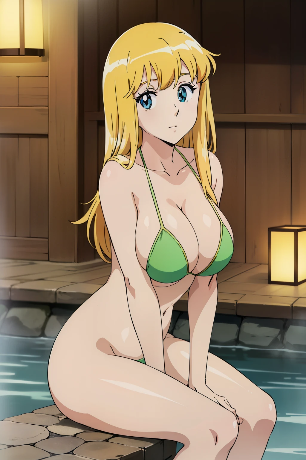 (anime cels style, Masterpiece, best quality, high resolution, anime colored, megami magazine:1.2, anime poster style, anime keyvisual, sharp, 8k, photorealistic), (beautiful eyes:1.5), reiko_aiwaifu, 1girl, blond hair, long hair, (sagging huge breast), (beautiful nude), bikini, cleavage, (upper body:1.3, sitting), (perfect detailed anatomy, perfect arms, perfect fingers, beautiful face, perfect body, shiny skin), onsen,