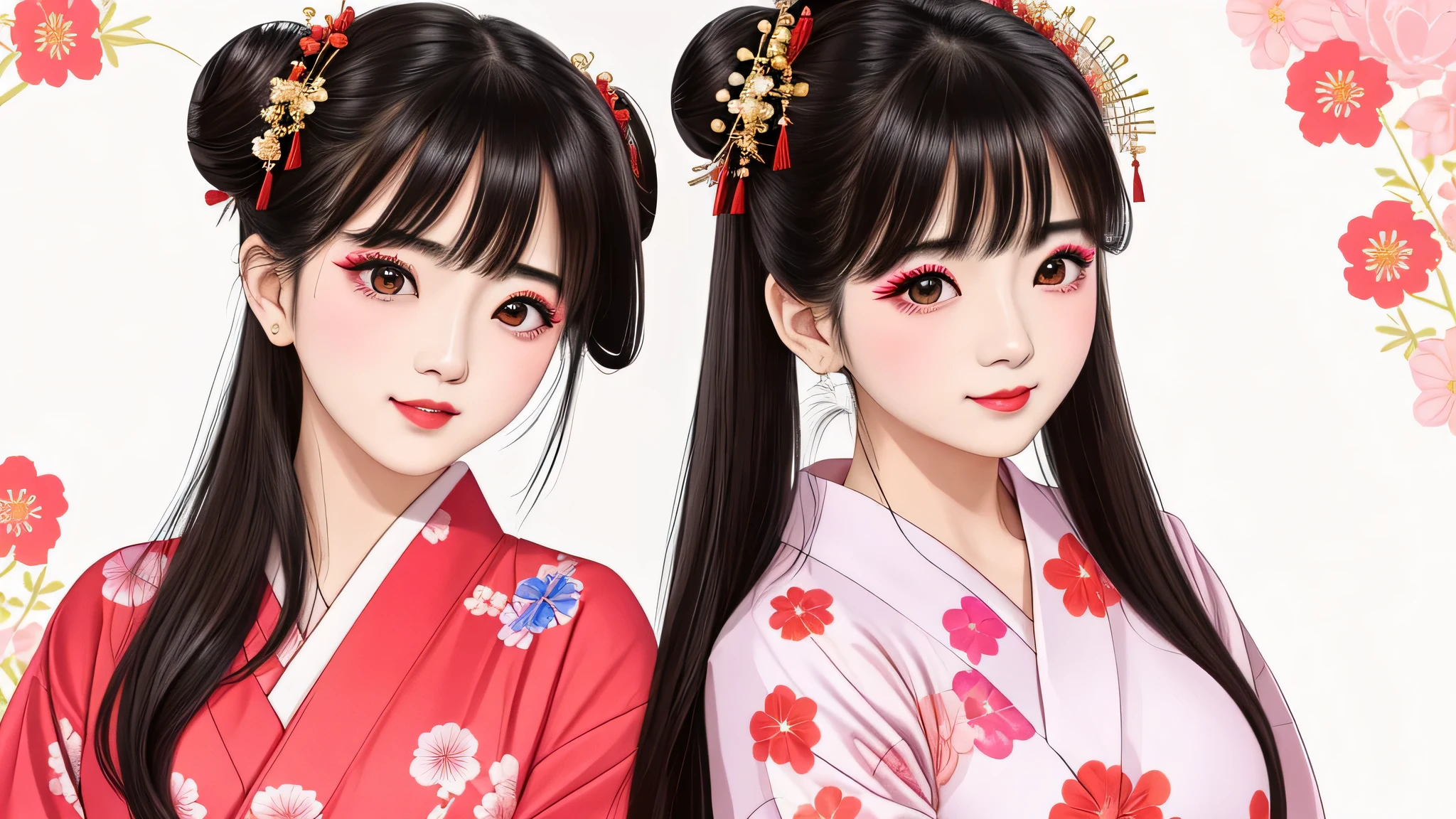 Each has a different expression２People and sisters、(２ girls）、｟Dancing traditional arts with grace)、((Big Breasts、Small Face、Not exposed))、highest quality、masterpiece、（Black Hair、Bun Hair）、Brown Eyes、｟Wide angle、Angle from above the waist and diagonally below、Pause on the magazine cover、Their gazes are different, gazing into the distance｠、(８K High Quality、masterpiece、High resolution、Realistic and beautiful light and shadow、(highest quality)、(High Resolution)、(Very delicate and beautiful)、(Beautiful 8k face)、(With a smile、Beautiful eyes)、(Clear skin)、(Soft hair)、(８Head to Body)、(A Japanese style yukata kimono with red, pink and orange floral patterns on a white background, interspersed with gold powder、Five beautiful Japanese girls wearing yukata)、((Tanabata decoration background))、((Small Face))、(arms up)、Thin and small nose、（Red lipstick）、（Make your cheeks red）、（Glossy skin）、((Ink painting style))、Very thin eyebrows、Overall ultra-high image quality、（She is wearing maiko-style makeup.）、Whitening、Long and beautiful eyelashes、Glowing Skin、（Red cheeks）,Straight nose、masterpiece、highest quality、whole body、 Eyebrows visible through hair、Bun Hair、Grin、Gal、Gal、Viewer&#39;s Eyes、Plaid、Stylish、woman、fine、Pause、
Waiting to start 
