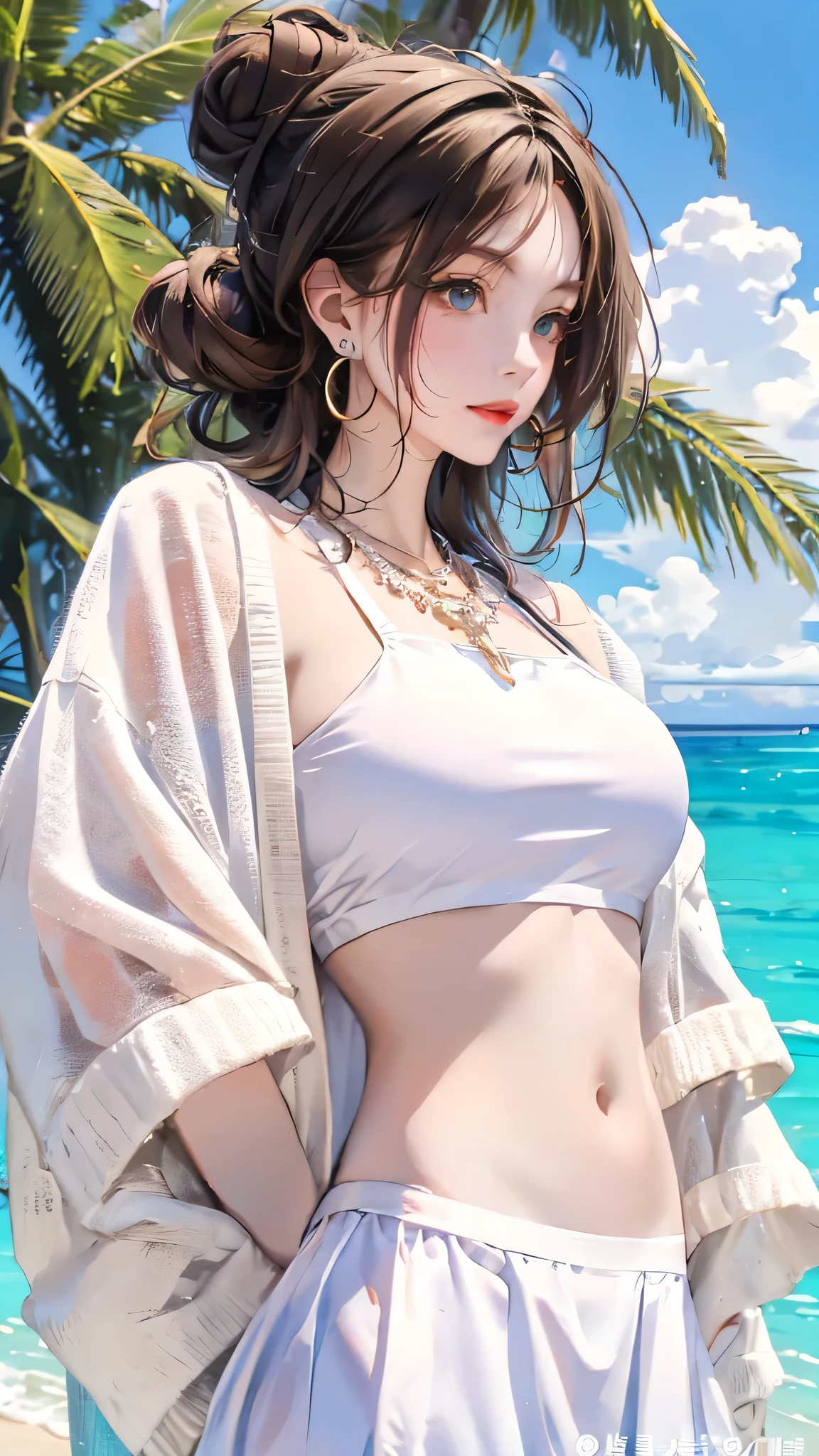 8K, RAW Photos, masterpiece, highest quality, Hair Bun, guitar, Upper Body, Waikiki Beach in Hawaii, Pure white bikini, necklace, Earrings, Shapely breasts,