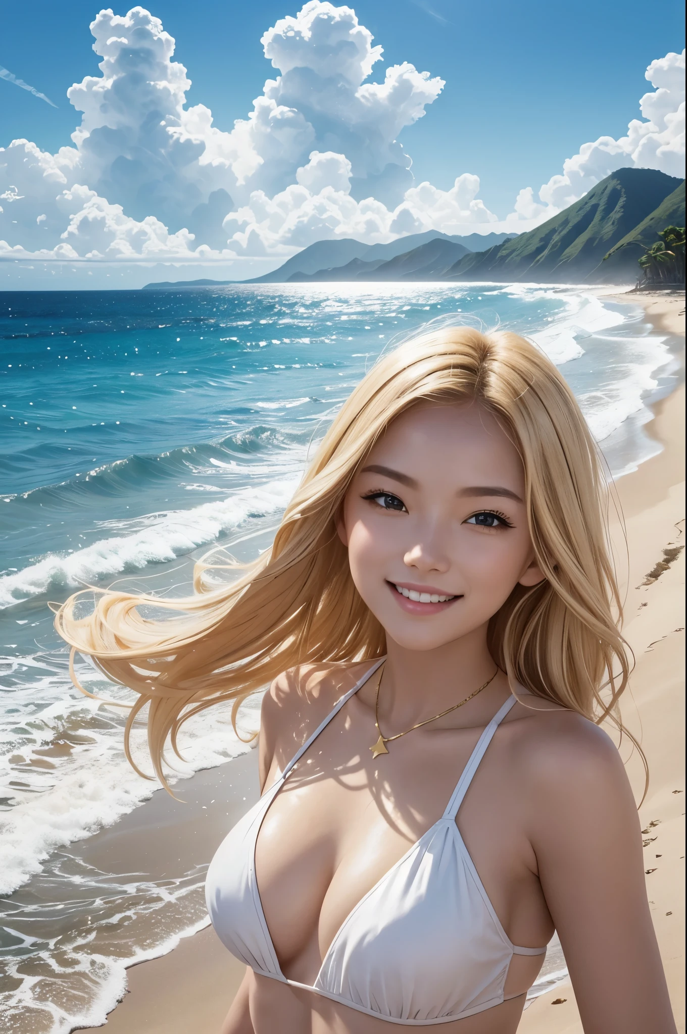 8K,Blonde woman looking at the sea,1 超美people(Like the real thing), Sharpening of facial expressions,Blue sky and white clouds with warm sunshine, Smiling and gazing into the distance, The fine grains of sand on the beach sparkle in gold., The wind is accompanied by small waves. The distant island is surrounded by greenery, sexy, Her stunning beauty is like a ray of light, Captivating the whole of heaven and earth. . Beach dream scene, people々Make people feel like they're there, Enjoy the beauty,The perfect angle、Professional quality high resolution、Perfect contrast、Perfect lighting、Perfect composition、Perfect Skin、Perfect Fingers、Perfect breasts、Perfect Hair、Perfect Face、Realistic facial features,masterpiece,Photorealistic RAW photos,Bright colors,Rich colors,50mm lens,Nikon D850,super highest quality,Slim figure,Perfect body line,Perfect hand shape,Anatomical body balance,Highly detailed face,Highly detailed eyes,Beautiful Lips,Excellent light particles,Cinema Lighting,Makeup,Ultra-high resolution,Ultra-Realistic Skin,sexyな女性のクローズアップ,sexyな水着,Ample breasts,Dynamic pose,