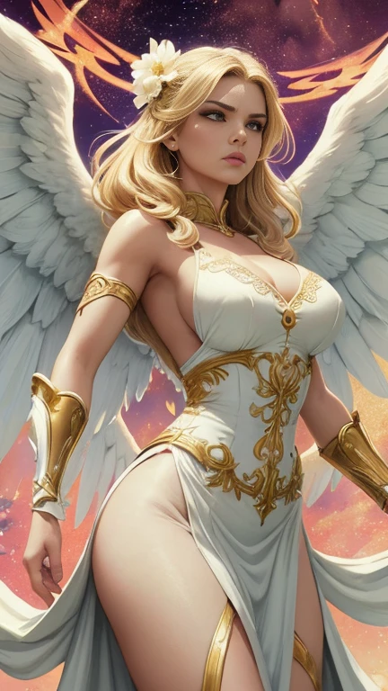 comics art,vivid colors,beautiful vintage angel warrior woman with very big big wings,beautifu lface,corpo de frente para o observador,segurando uma espada na frente do corpo,white dress with gold embroid details,little breasts, determined angry face expression,flowery background,soft lighting)