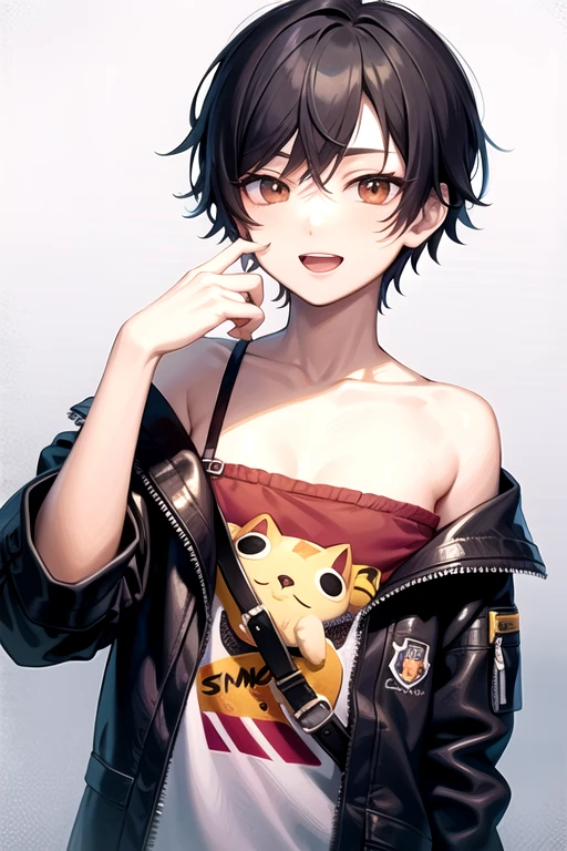 Korean 14 year old boy that has red cat eyes and has black hair and where's a jacket black but is very nice and friendly.