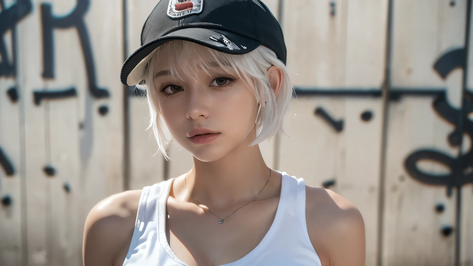masterpiece, highest quality, Very detailed, 8k, Realistic, One Girl, alone, Tomboy, Very detailed face, (head shot:1.5), Standing in front of a wall covered in hip hop graffiti, Pixie cut white hair, He is wearing a short tank top and an open-zipped hoodie...,I can see your chest,Nice ass,Wear a New Era cap
