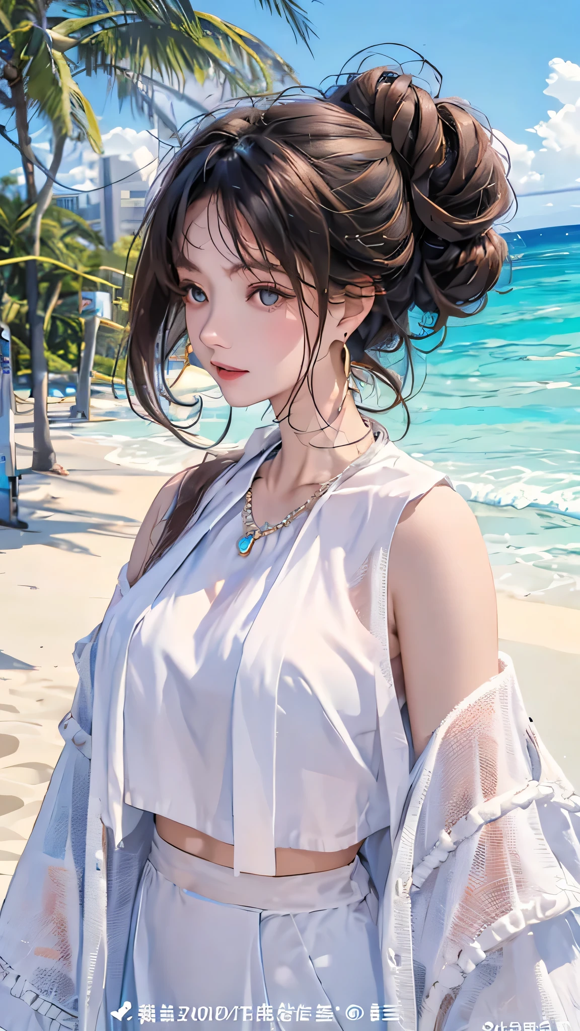 8K, RAW Photos, masterpiece, highest quality, Hair Bun, guitar, Upper Body, Waikiki Beach in Hawaii, Pure white bikini, necklace, Earrings, Shapely , Front facing, Both arms behind the head, Batsugun style,