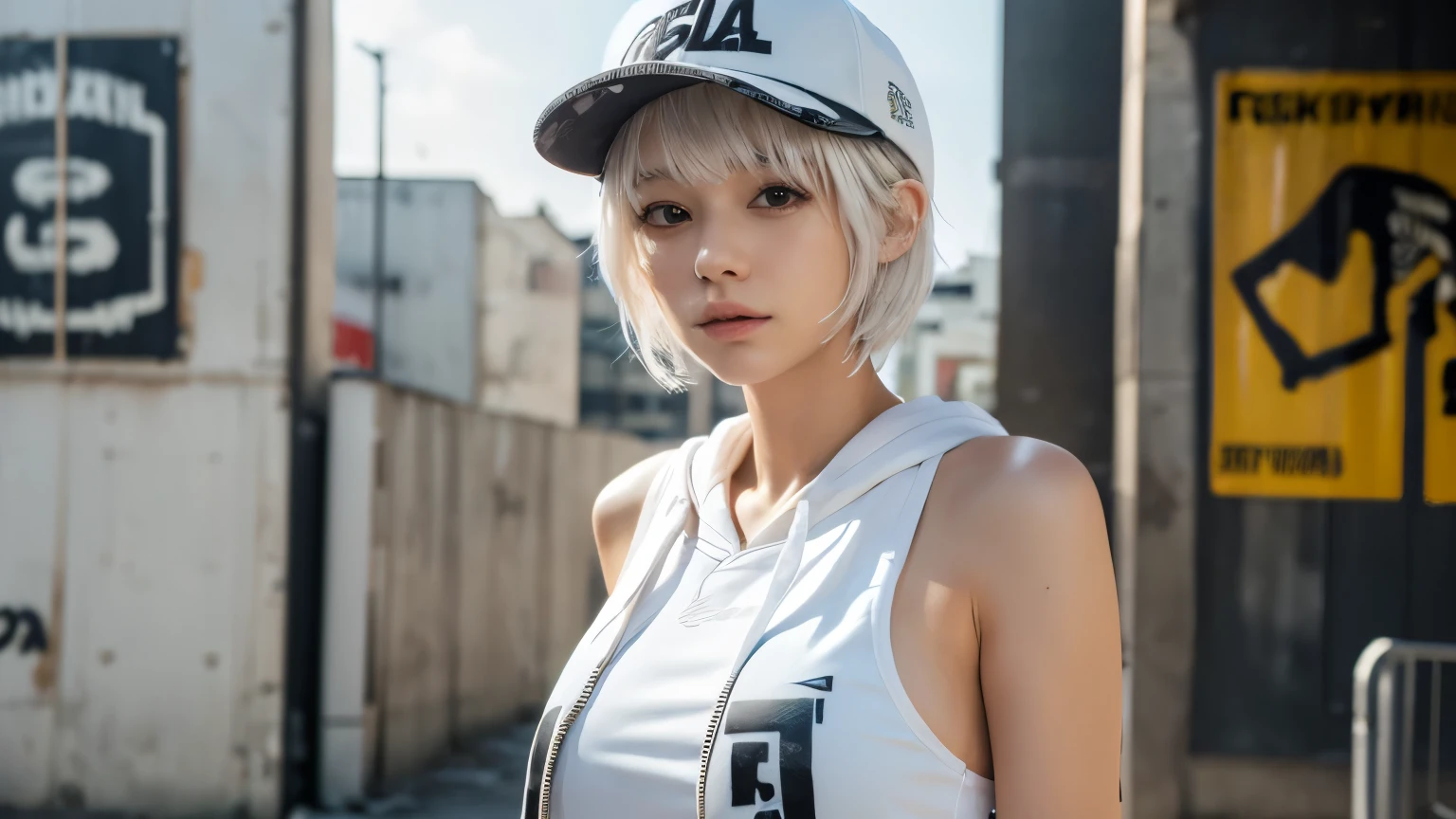 masterpiece, highest quality, Very detailed, 8k, Realistic, One Girl, alone, Tomboy, Very detailed face, (head shot:1.5), Standing in front of a wall covered in hip hop graffiti, Pixie cut white hair, He is wearing a short tank top and an open-zipped hoodie...,I can see your chest,Nice ass,Wear a New Era cap