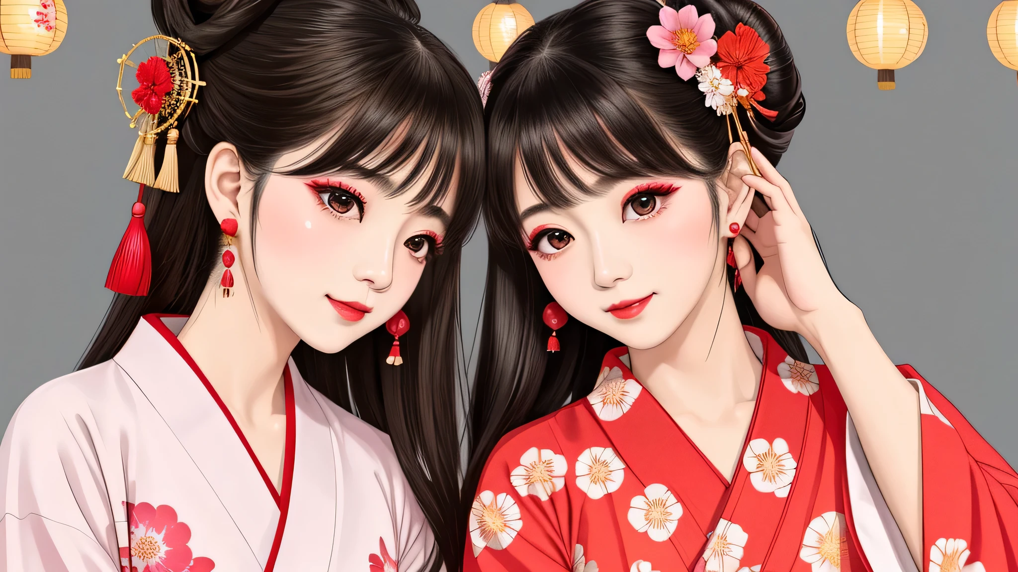 Each has a different expression2People and sisters、(2 girls)、⦅Dancing traditional arts with grace)、((Big Breasts、Small Face、Not exposed))、highest quality、masterpiece、(Black Hair、Bun Hair)、Brown Eyes、⦅Wide angle、Angle from above the waist and diagonally below、Pause on the magazine cover、Their gazes are different, gazing into the distance⦆、(8K High Quality、masterpiece、High resolution、Realistic and beautiful light and shadow、(highest quality)、(High Resolution)、(Very delicate and beautiful)、(Beautiful 8k face)、(With a smile、Beautiful eyes)、(Clear skin)、(Soft hair)、(8Head to Body)、(A Japanese style yukata kimono with red, pink and orange floral patterns on a white background, interspersed with gold powder、Five beautiful Japanese girls wearing yukata)、((Tanabata decoration background))、((Small Face))、(arms up)、Thin and small nose、(Red lipstick)、(Make your cheeks red)、(Glossy skin)、((Ink painting style))、Very thin eyebrows、Overall ultra-high image quality、(She is wearing maiko-style makeup.)、Whitening、Long and beautiful eyelashes、Glowing Skin、(Red cheeks),Straight nose、masterpiece、highest quality、whole body、 Eyebrows visible through hair、Bun Hair、Grin、Gal、Gal、Viewer's Eyes、Plaid、Stylish、woman、fine、Pause、
Waiting to start