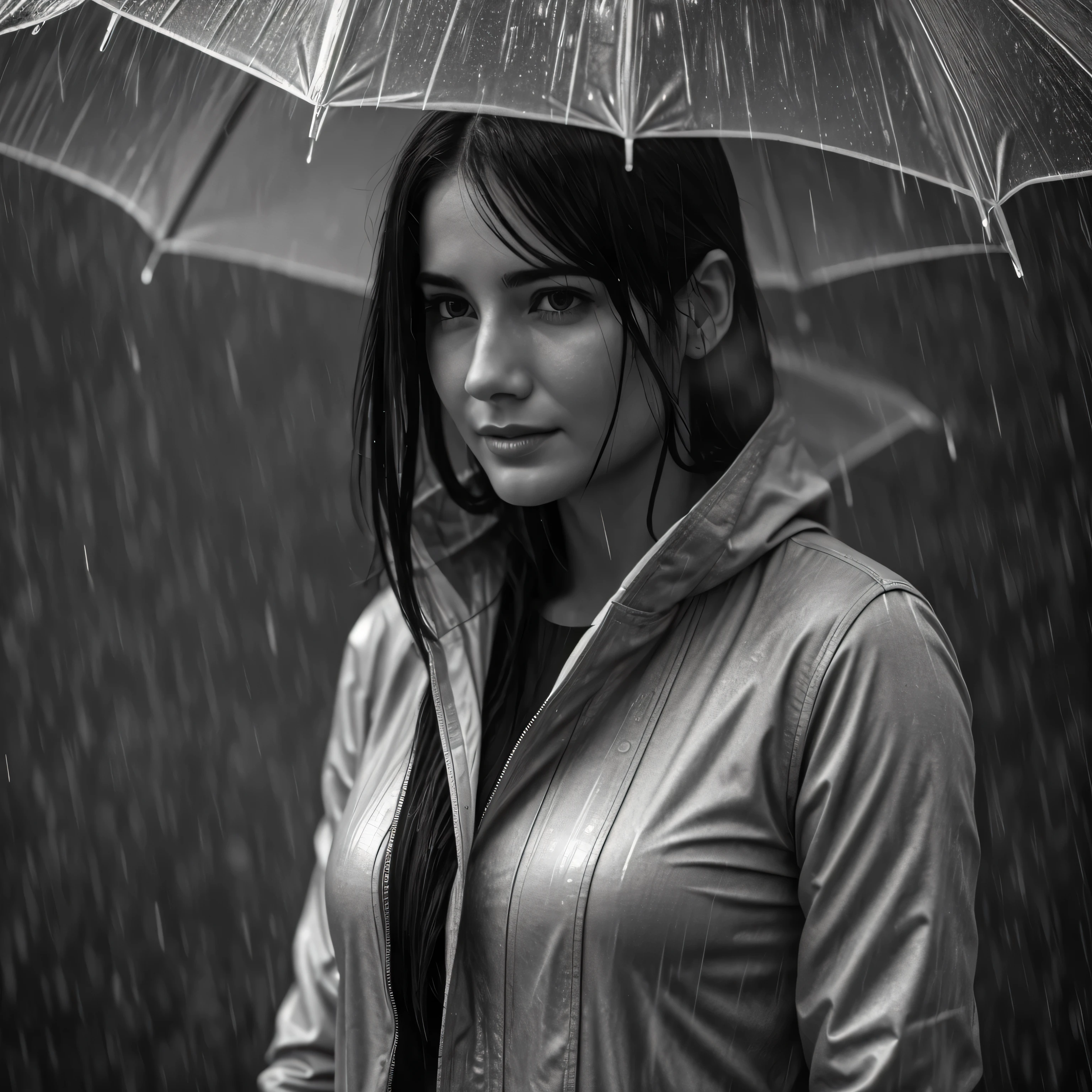 black and white closeup photo RAW, beautiful 28 yr old woman, standing in heavy rain