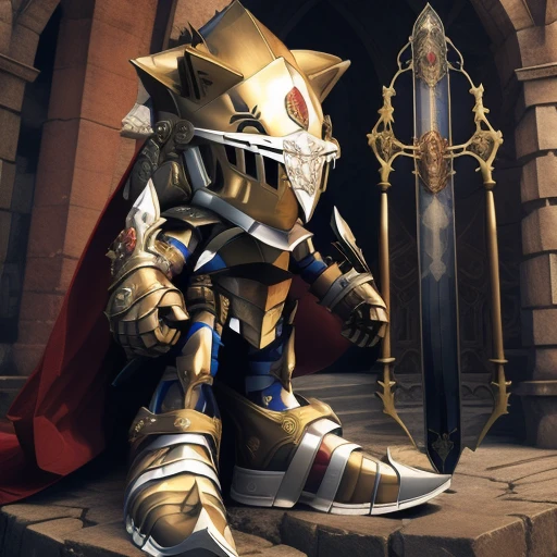  High quality, nonblurry, Ultra HD, HDR, 8K, solo, (fully clothed, masterpiece, photorealistic, good shading, studio quality), (Excalibur Sonic, golden armor, helmet, holding sword, red cape, upturned and pointy shoes), best_quality, perfect quality, cinematic lighting, highest quality, intricate details