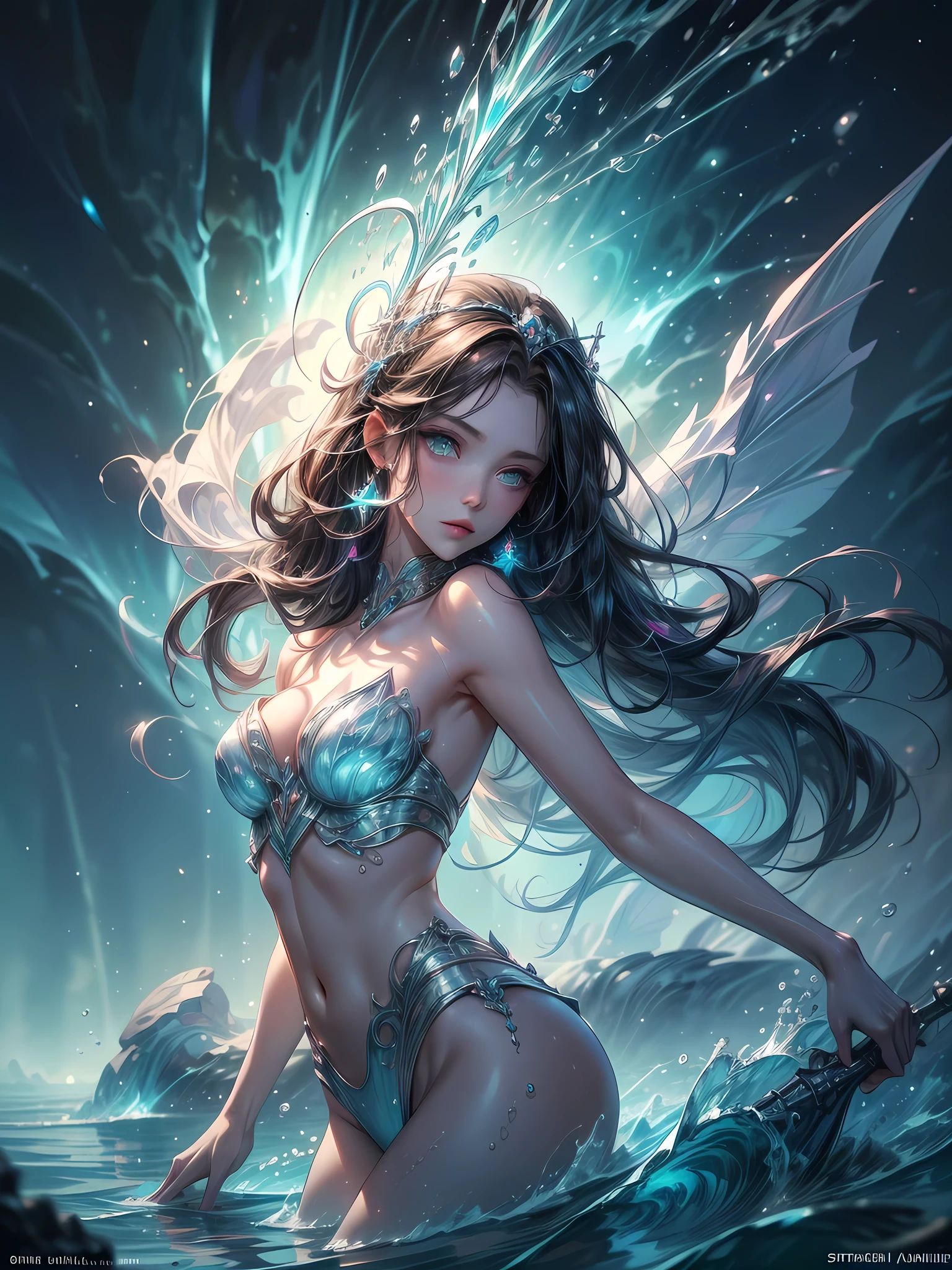 high details, best quality, 8k, [ultra detailed], masterpiece, best quality, (extremely detailed), full body, ultra wide shot, photorealistic, fantasy art, dnd art, rpg art, realistic art, an ultra wide picture of a female human (1.5 intricate details, Masterpiece, best quality) goddess of water  ((watery radiant aura)), controlling a swirling streams of watery magic (1.5 intricate details, Masterpiece, best quality), manipulating purple radiant magical symbols, [[divine symbols]] (1.5 intricate details, Masterpiece, best quality), human female, blue  hair, long hair with aura, hair with green radiant eyes, intense eyes, holding a trident, ((radiant eyes)), (( green glowing eyes)), dynamic clothing, fantasy sea background, stresms of sea water,  celestial  background, ((divine worship atmosphere)), high details, best quality, highres, ultra wide angle, crystallineAI,