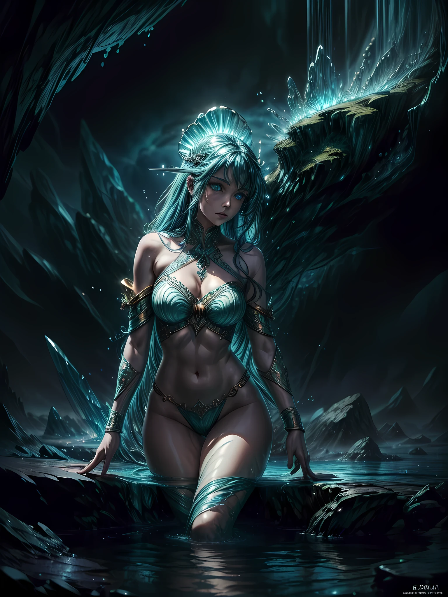 high details, best quality, 8k, [ultra detailed], masterpiece, best quality, (extremely detailed), full body, ultra wide shot, photorealistic, fantasy art, dnd art, rpg art, realistic art, an ultra wide picture of a female human (1.5 intricate details, Masterpiece, best quality) goddess of water  ((watery radiant aura)), controlling a swirling streams of watery magic (1.5 intricate details, Masterpiece, best quality), manipulating purple radiant magical symbols, [[divine symbols]] (1.5 intricate details, Masterpiece, best quality), human female, blue  hair, long hair with aura, hair with green radiant eyes, intense eyes, holding a trident, ((radiant eyes)), (( green glowing eyes)), dynamic clothing, fantasy sea background, stresms of sea water,  celestial  background, ((divine worship atmosphere)), high details, best quality, highres, ultra wide angle, crystallineAI,