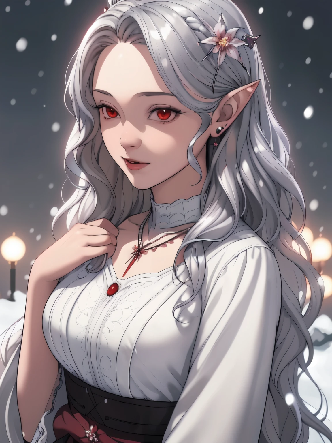 {{masterpiece}},best quality,Very detailed,Extremely detailed CG Unity 8K wallpaper,illustration, 1 Girl, Red Eyes, Wavy silver hair, Pointed ears, vampire, skirt, necklace, Flowering, snow, ice, whole body, shooting,High close-up, Very detailed,Center frame,Clear focus, Looking at the audience, Flowing hair,
