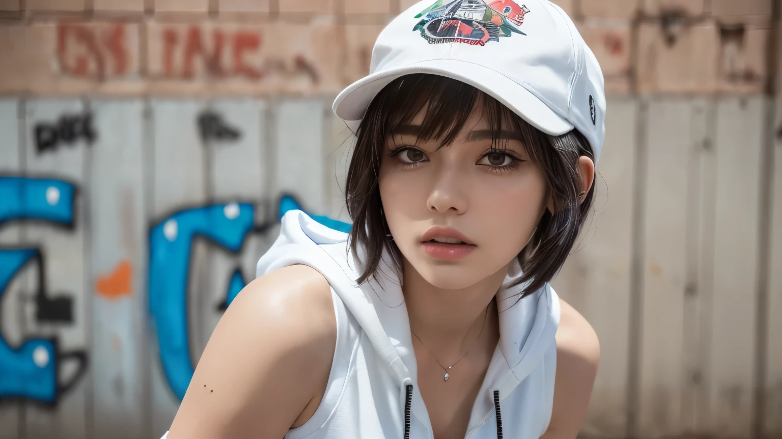 masterpiece, highest quality, Very detailed, 8k, Realistic, One Girl, alone, Tomboy, Very detailed face, (head shot:1.5), Standing in front of a wall covered in hip hop graffiti, Pixie cut white hair, He is wearing a short tank top and an open-zipped hoodie...,I can see your chest,Nice ass,Wear a New Era cap