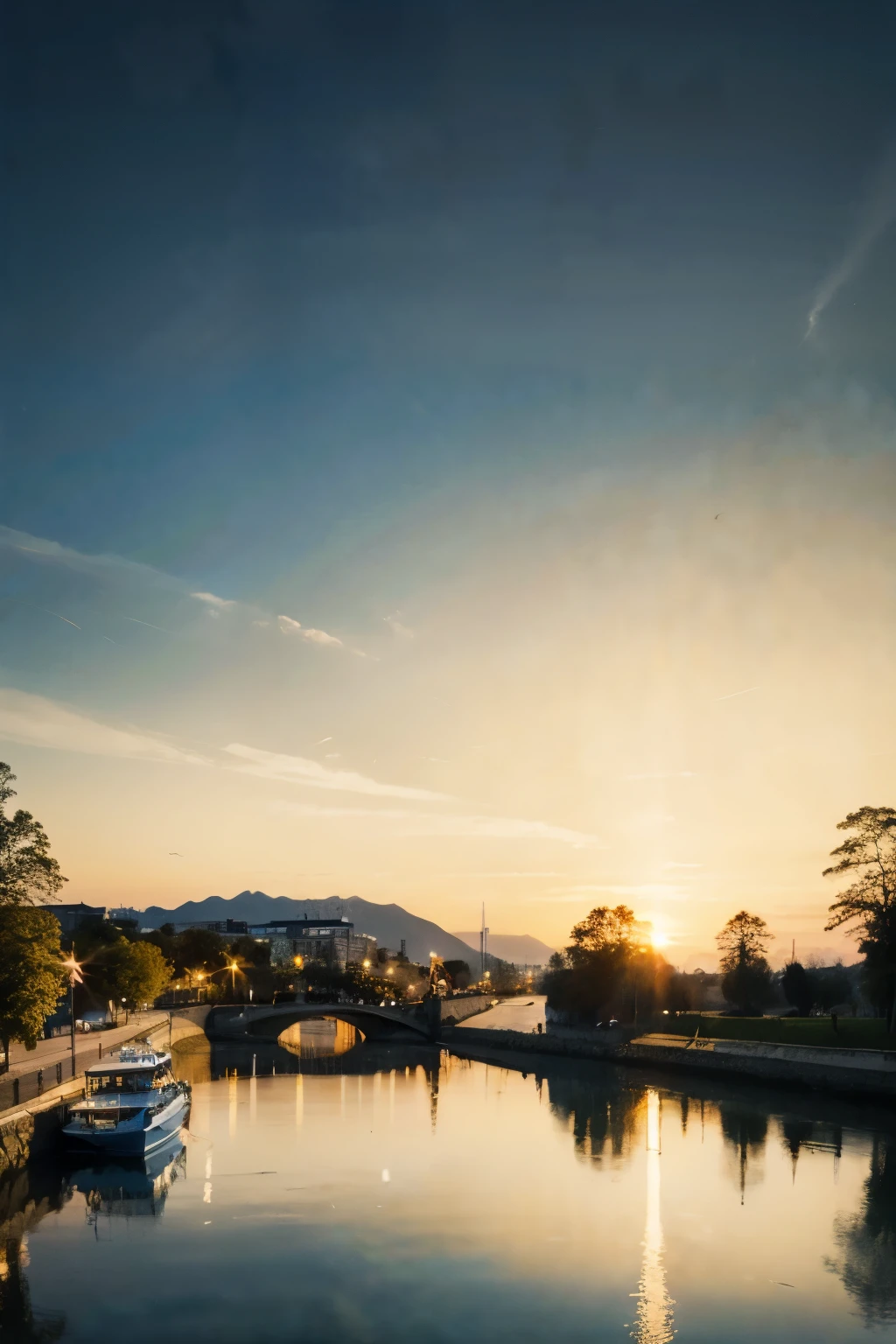 Masterpiece,Realistic,Official Art,Landscape,Boat,Sky,Sunset,Water,Orange Theme,Dusk,Golden Water Reflection,Large Scene,Wide Angle Lens,National Style,Golden Hour,Movie Poster,