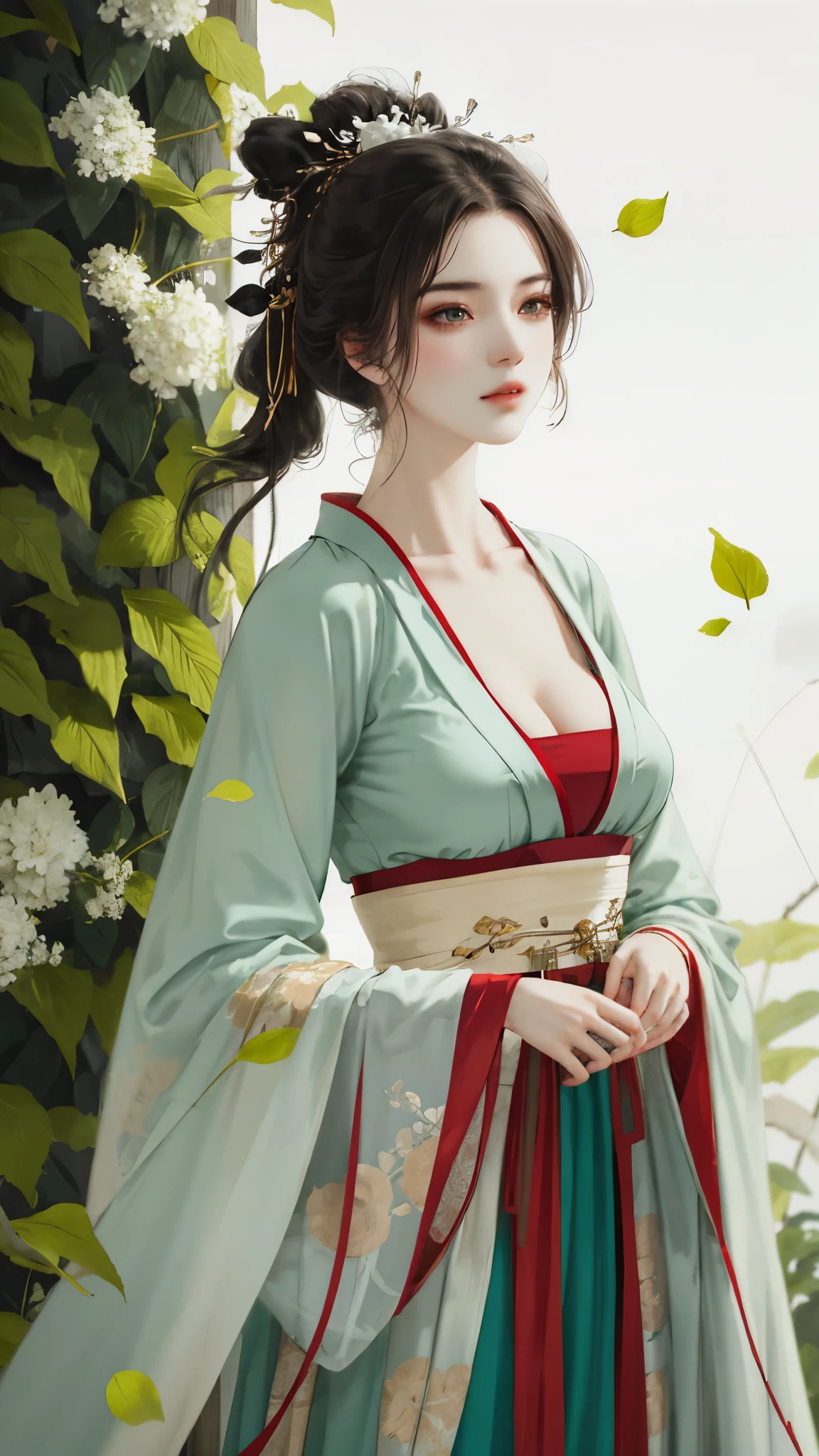 1girl,(((mature female))),chinese style, ancient china, sister,green long dress, plum blossoms,((Green walls)),alling flower petals,(upper body, half body shot, caring), front shot, {best quality}, {{masterpiece}}, extremely detailed 8K wallpaper, {an extremely delicate and beautiful}, colorful, intricately detailed, Realistic, real, camera quality, (detailed depiction of clothes), cool white skin, (detailed depiction of blush), 1080p, sun, smooth light white hair,bright and silky skin ,super fine illustration, beautiful eyes, very fine light, fine glow, full body close-up,Hanfu,ru_qun，(closeup cleavage)，
