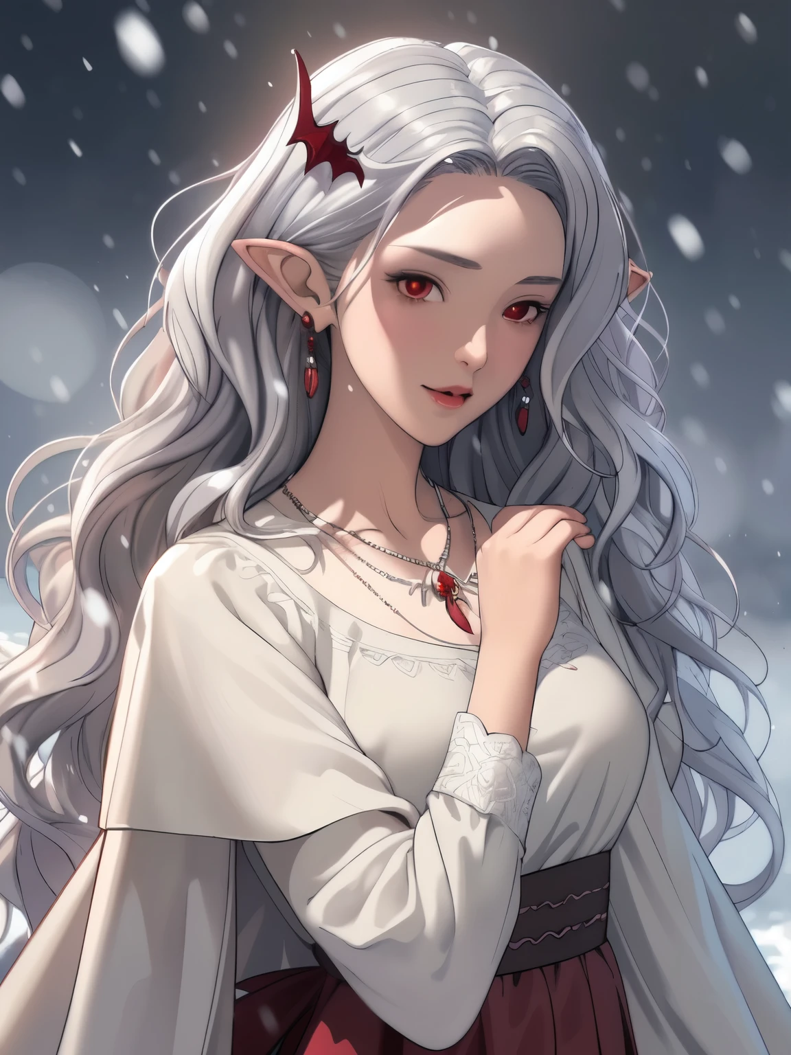 {{masterpiece}},best quality,Very detailed,Extremely detailed CG Unity 8K wallpaper,illustration, 1 Girl, Red Eyes, Wavy silver hair, Pointed ears, vampire, skirt, necklace, Flowering, snow, ice, whole body, shooting,High close-up, Very detailed,Center frame,Clear focus, Looking at the audience, Flowing hair,
