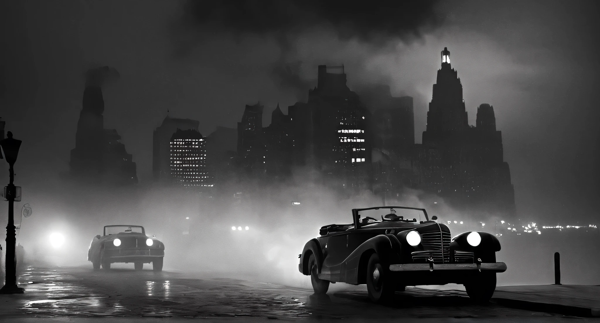 Film noir style, classic film noir style a black and white photo of a city skyline,cinematic,film,Hollywood,crime,drama,dramatic,dramatic light,low light,dim light,low-key light,shadow,partially covered in shadow,window light,dark light,cynical,1940s,1950s,classic,vintage,retro,visual style,realistic,film still,black film,night light,blue hour,motion picture,filmmaking style,neorealism,classic film noir style,monochrome,greyscale,outdoors,cloud,no humans,building,scenery,smoke,city,military vehicle,watercraft,fog, Monochrome, high contrast, dramatic shadows, 1940s style, mysterious, cinematic