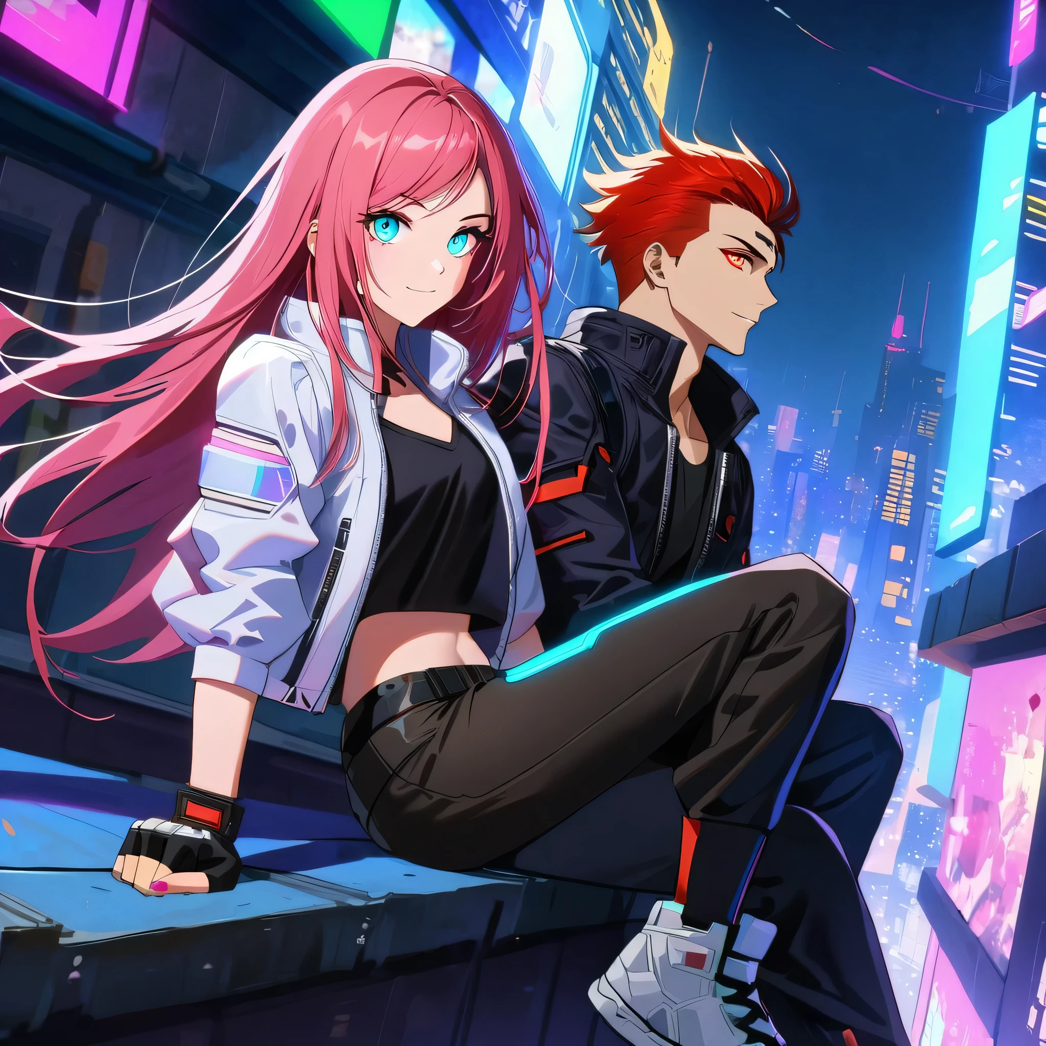 two persons, A man and a girl , man with short and red hair messy upwards with some ultra long strands falling on the forehead, holding a perfect neon katana wearing a leather white jacket and black t shirt, sitting and confident pose, confidente smile, cyberpunk, night, fingerless gloves, neon eyes, ultra detailed face and a gorgeous cute girl with very pink long hair, parkour, cyberpunk tweaks, city rooftops, dangerous look 