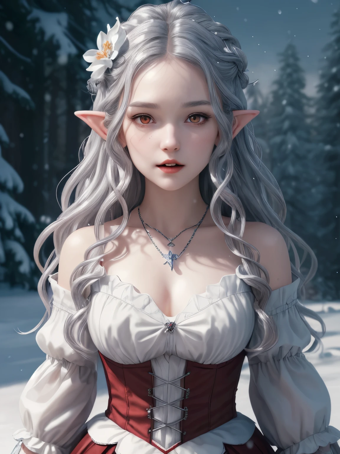 {{masterpiece}},best quality,Very detailed,Extremely detailed CG Unity 8K wallpaper,illustration, 1 Girl, Red Eyes, Wavy silver hair, Pointed ears, vampire, skirt, necklace, Flowering, snow, ice, whole body, shooting,High close-up, Very detailed,Center frame,Clear focus, Looking at the audience, Flowing hair,