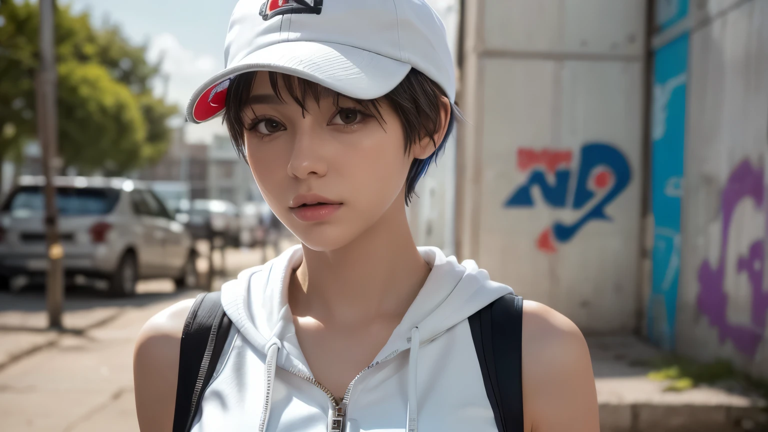masterpiece, highest quality, Very detailed, 8k, Realistic, One Girl, alone, Tomboy, Very detailed face, (head shot:1.5), Standing in front of a wall covered in hip hop graffiti, Pixie cut white hair, He is wearing a short tank top and an open-zipped hoodie...,I can see your chest,Nice ass,Wear a New Era cap