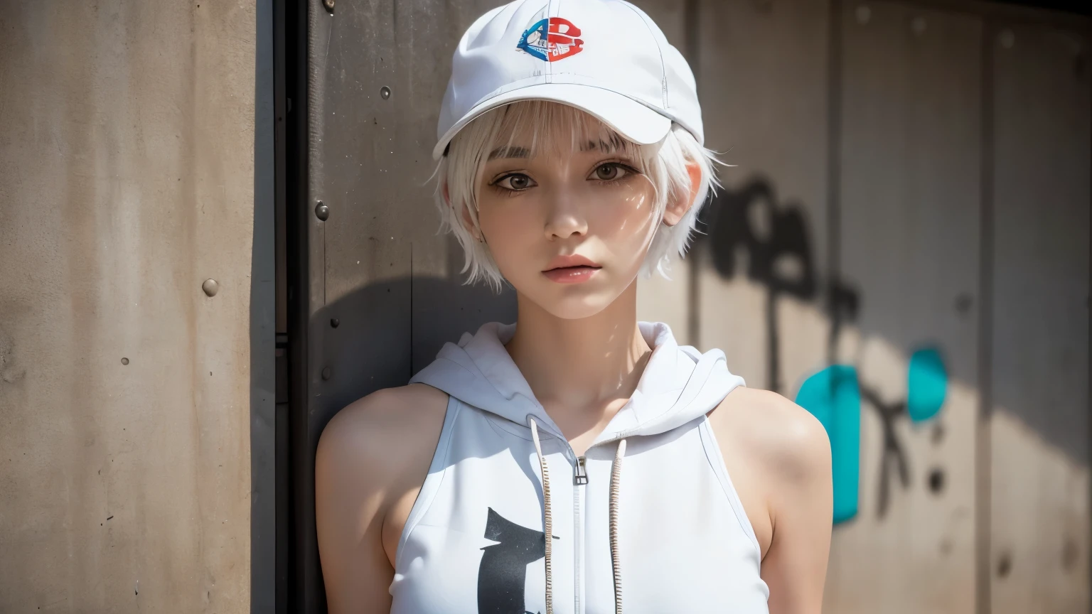 masterpiece, highest quality, Very detailed, 8k, Realistic, One Girl, alone, Tomboy, Very detailed face, (head shot:1.5), Standing in front of a wall covered in hip hop graffiti, Pixie cut white hair, He is wearing a short tank top and an open-zipped hoodie...,I can see your chest,Nice ass,Wear a New Era cap