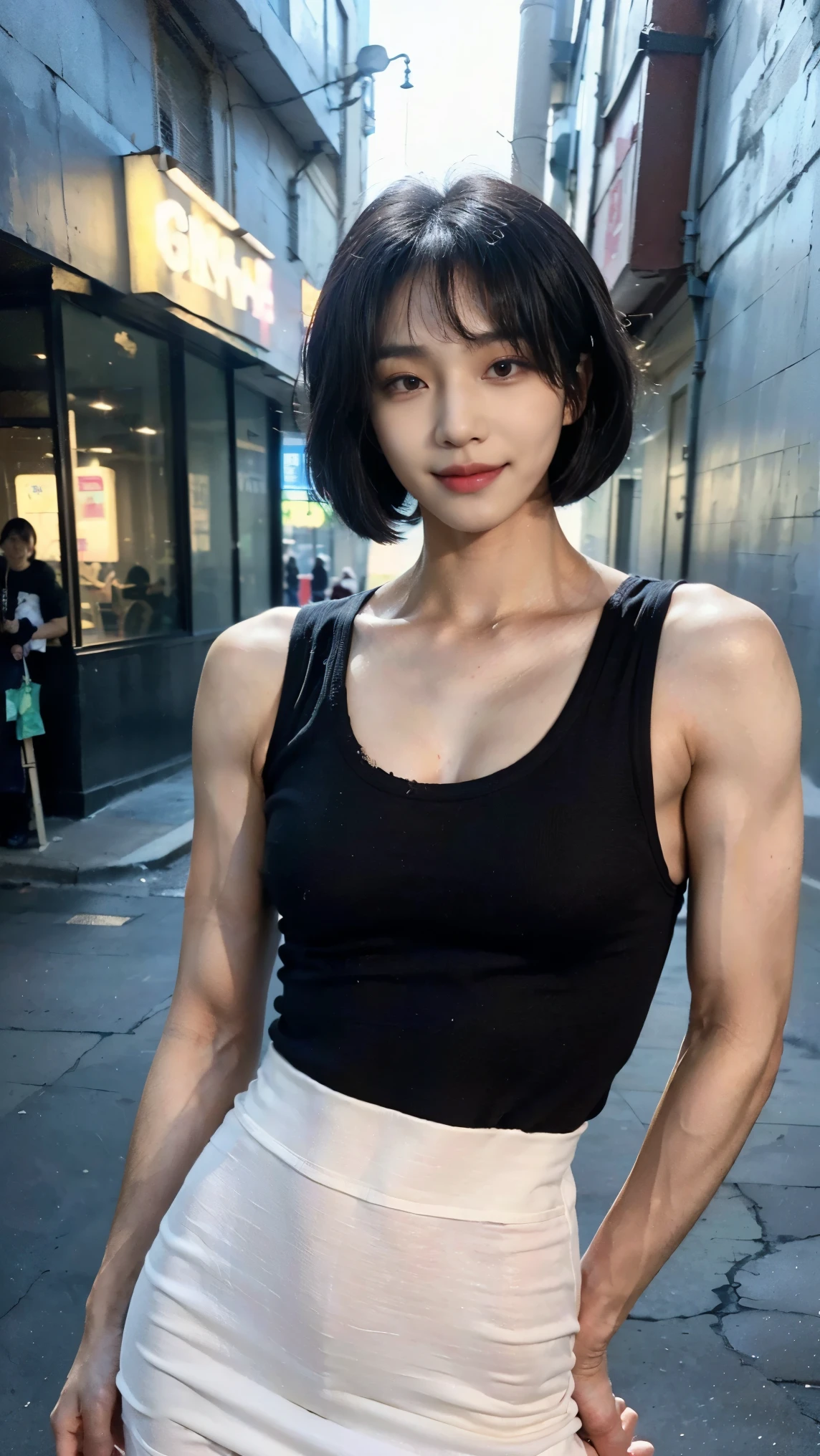 Realistic photos, 8k,A complete thumbs up,body is male,,(((Bob cut ladyboy,transgender,otokonoko,Male chest))),((全身figure,Standing posture,Flat Chest,Very muscular,Body fat percentage10％,Muscles like athletes,Macho,massive)),(((bustling street,Homeless,beggar,Pale face,It is dirty,Bad smell,dirty,odor,Homeless,Depraved,Handsome young Korean ladyboy with bob cut))),(((Very big eyes,smile,looking at the camera,Frowning))),Chest is male,18-year-old,(Ultra-realistic), (figure), (High resolution), (8k), (Very detailed), (Best figure), (Beautiful fine details), (highest quality), (Super detailed), (masterpiece), (wallpaper), (Detailed face), ,alone,Black hair bob cut,(((A girl with makeup on her face,The body is a perfect man))), dirty black tank top,Transgender,Korean,kpop,筋肉質なMale chest