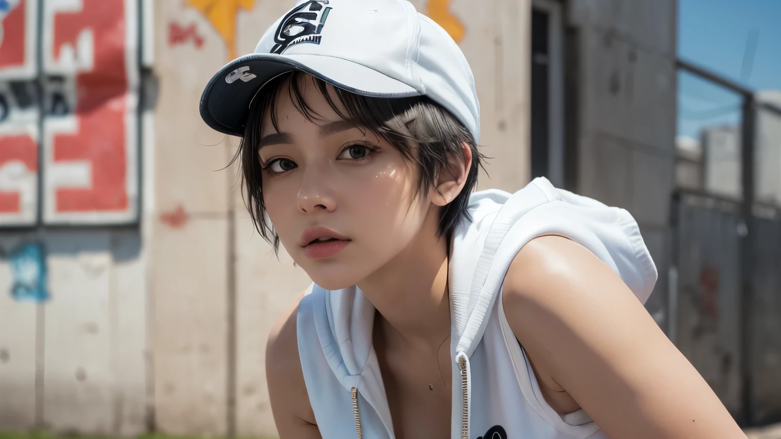 masterpiece, highest quality, Very detailed, 8k, Realistic, One Girl, alone, Tomboy, Very detailed face, (head shot:1.5), Standing in front of a wall covered in hip hop graffiti, Pixie cut white hair, He is wearing a short tank top and an open-zipped hoodie...,I can see your chest,Nice ass,Wear a New Era cap