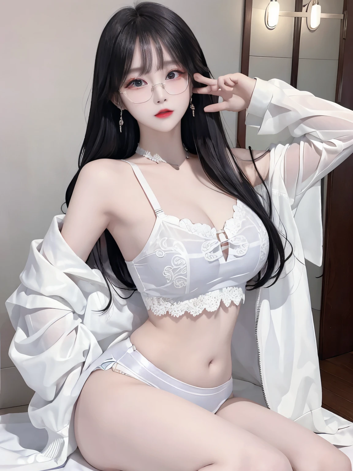 Top image quality、Raw photography、A high resolution、20-year-old cool Korean、big round chest、thin silk jacket、black lace underwear、Beautiful Eyes of Details、very elongated eyes、Beautiful eyelashes、Beautiful double eyelids、eyeshadows,long legs,medium thighs, wearing Glasses、beautiful eyes finely detailed、elongated eyes、long eyeslashes、Beautiful double eyelids、eyeshadows、earrings、shiny white skin、