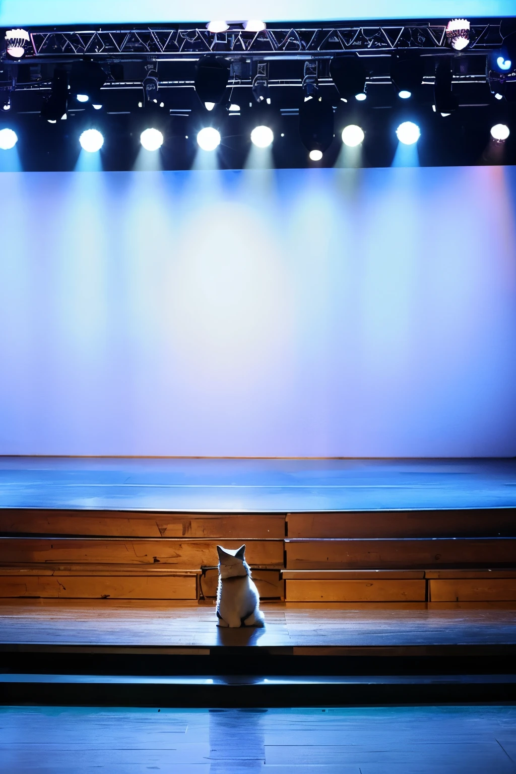 Empty wood stage with white cat, big blue earth behinde