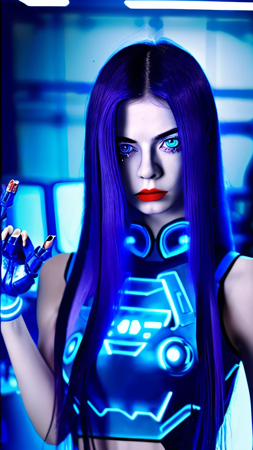 1China girl, Long midnight purple hair, Blue light eyes, Standing in the laboratory, Blue, blue and red armed, sci-fi movie
