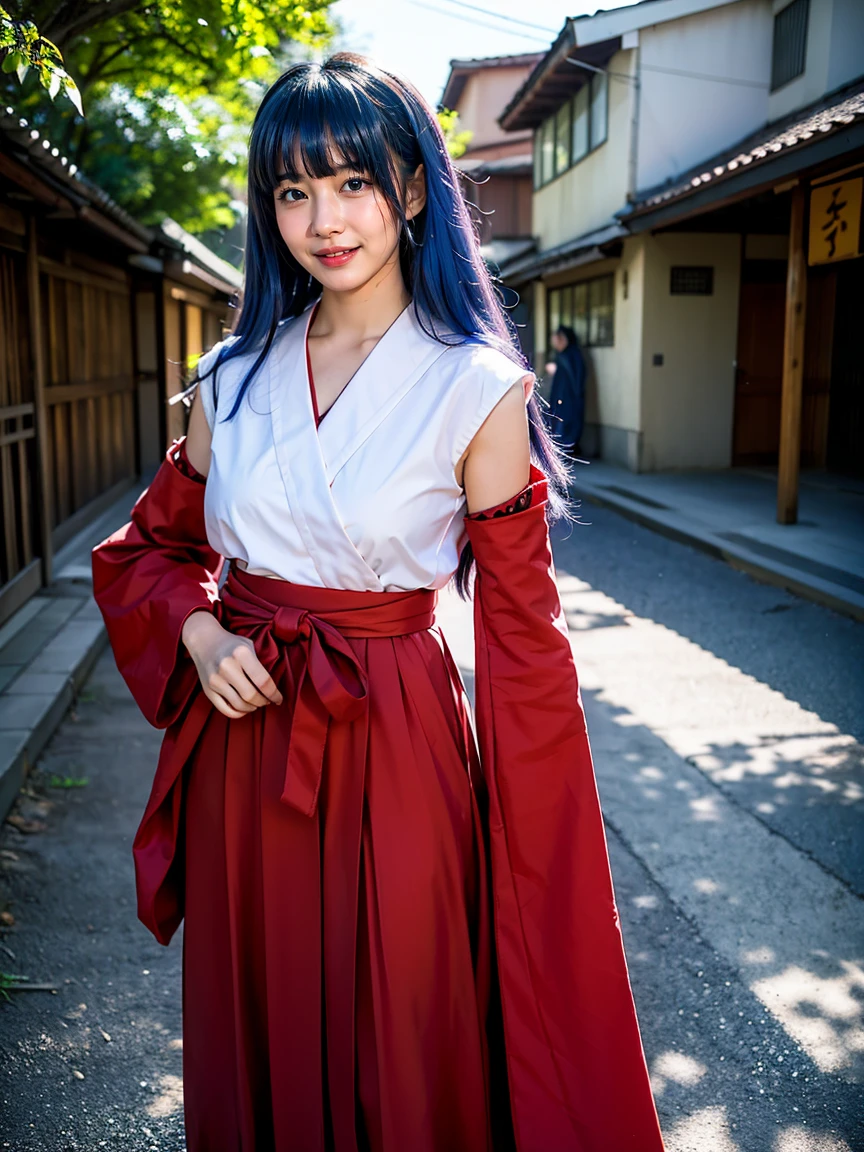 (1 lady), (Best quality at best:1.4), (ultra - detailed), (extremely detailed CG unified 16k), A Beautiful Woman: 1.4, Sharp Focus: 1.2, very detailed, High-definition RAW color photo, professional photoshooting, amazing face and eyes, (amazingly beautiful girl), ((furude rika, 30 years old woman, grown woman)), ((japanese clothes, hakama, hakama skirt, detached sleeves, miko, skirt, red hakama)), standing, (japanese traditional village background), (look from down), realistic cinematic face, head to feet long wide zoomed out view, full body long view, photorealistic, ((realistic natural violet blue hair style, bangs, long hair, purple eyes, blush)), extremely beautiful face, perfect beauty, Highly Detailed Face and Skin Texture, Detailed Eyes, Double Eyelids, Small Breasts, cleavages, western, (masterpiece), best quality, high resolution, extremely detailed, depth of field, cinematic lighting, high heels, clear and well-cared skin,