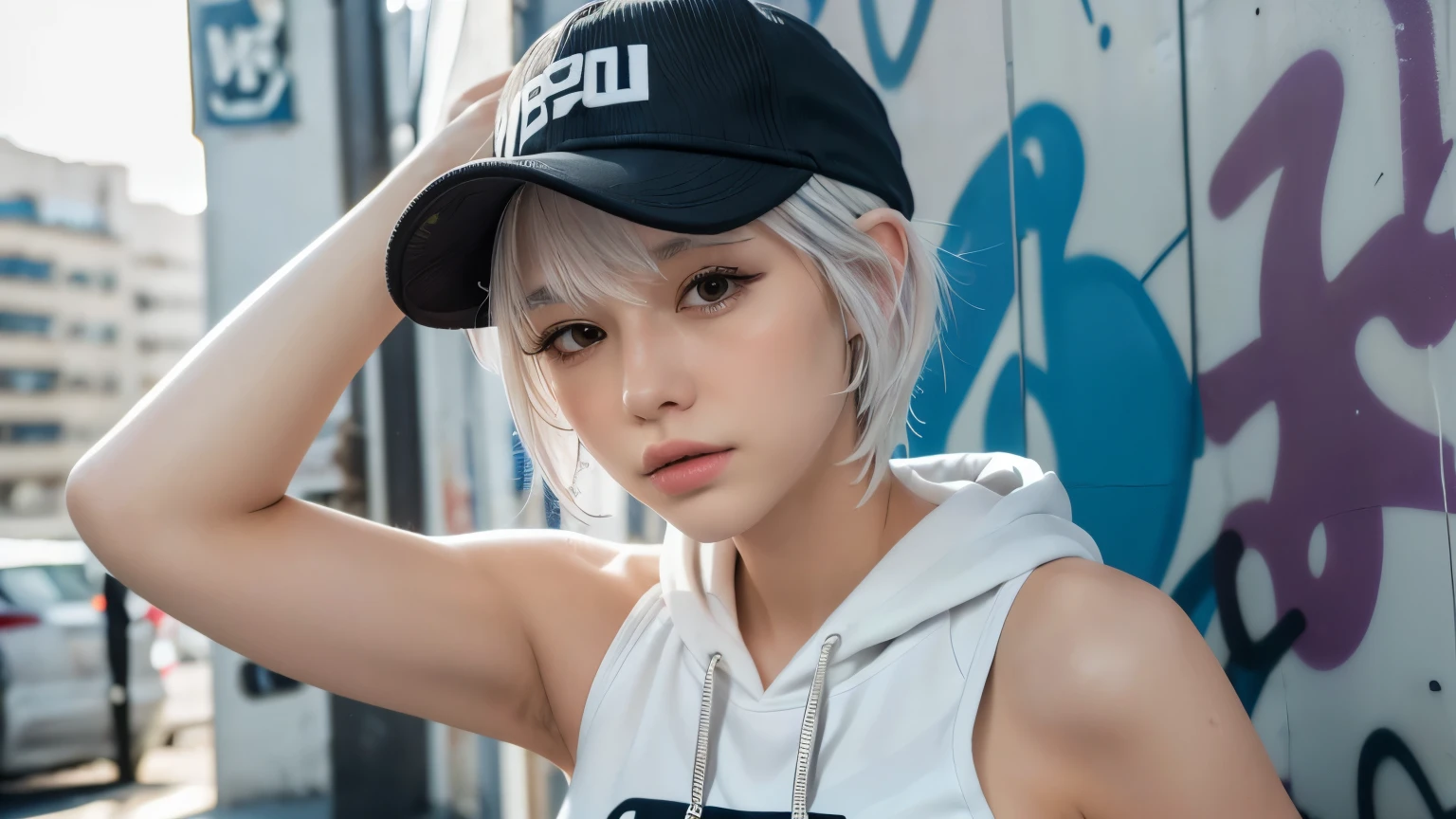 masterpiece, highest quality, Very detailed, 8k, Realistic, One Girl, alone, Tomboy, Very detailed face, (head shot:1.5), Standing in front of a wall covered in hip hop graffiti, Pixie cut white hair, He is wearing a short tank top and an open-zipped hoodie...,I can see your chest,Nice ass,Wear a New Era cap