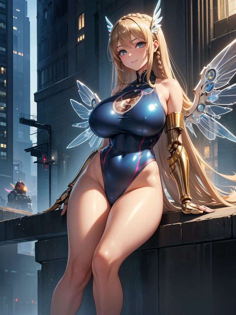 (((masterpiece))), (((best quality))), ((ultra-detailed)), (illustration), ((an extremely delicate and beautiful)), ((super detail)), ((high resolution)), (((20 years old))), metallic cloth, (competition swimsuit), (android), ((mechanical wings)), delicate metal decorations, gleaming skin, shiny body, two legs, breast focus, (((tall))), slender legs, ((big round eyes)), cute eyes, drooping eyes, ((adult)), two hands, five fingers, no extra hands, elegant smile, braid, medium length hair, ((metallic blue)), (see-through), (dark blonde), (ultra-huge breasts), (shining brightly), outdoor, mini skirt, city, daytime, ((biopunk)),