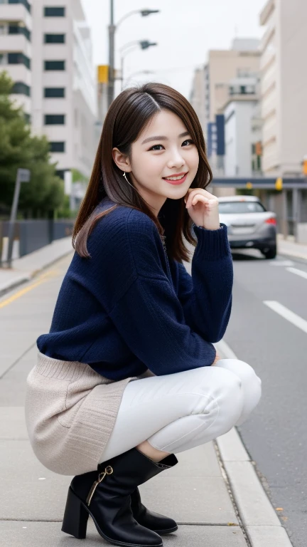 Photos taken by a professional photographer,Laughter:1.5,Close-up of a woman squatting on the sidewalk, Wear a sweater, Brown Shortcut, My hair is messy,Young and pretty girl, Wearing a super super super super super super mini skirt:1.5,I see your white pants1:6,Wear stylish boots,sitting on a park bench:1.5,Flashy makeup using red eyeshadow,I can see your beautiful thighs,Looking at the camera,Facing forward