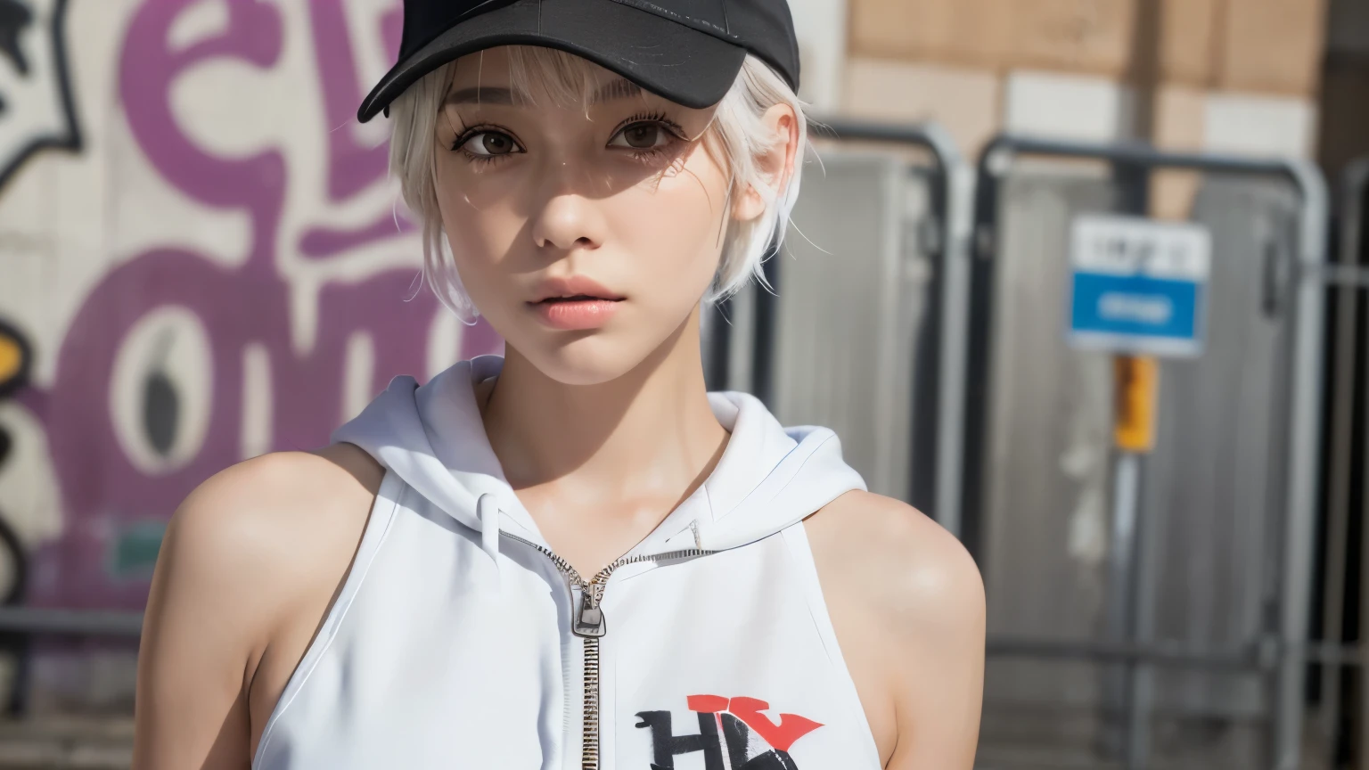 masterpiece, highest quality, Very detailed, 8k, Realistic, One Girl, alone, Tomboy, Very detailed face, (head shot:1.5), Standing in front of a wall covered in hip hop graffiti, Pixie cut white hair, He is wearing a short tank top and an open-zipped hoodie...,I can see your chest,Nice ass,Wear a New Era cap