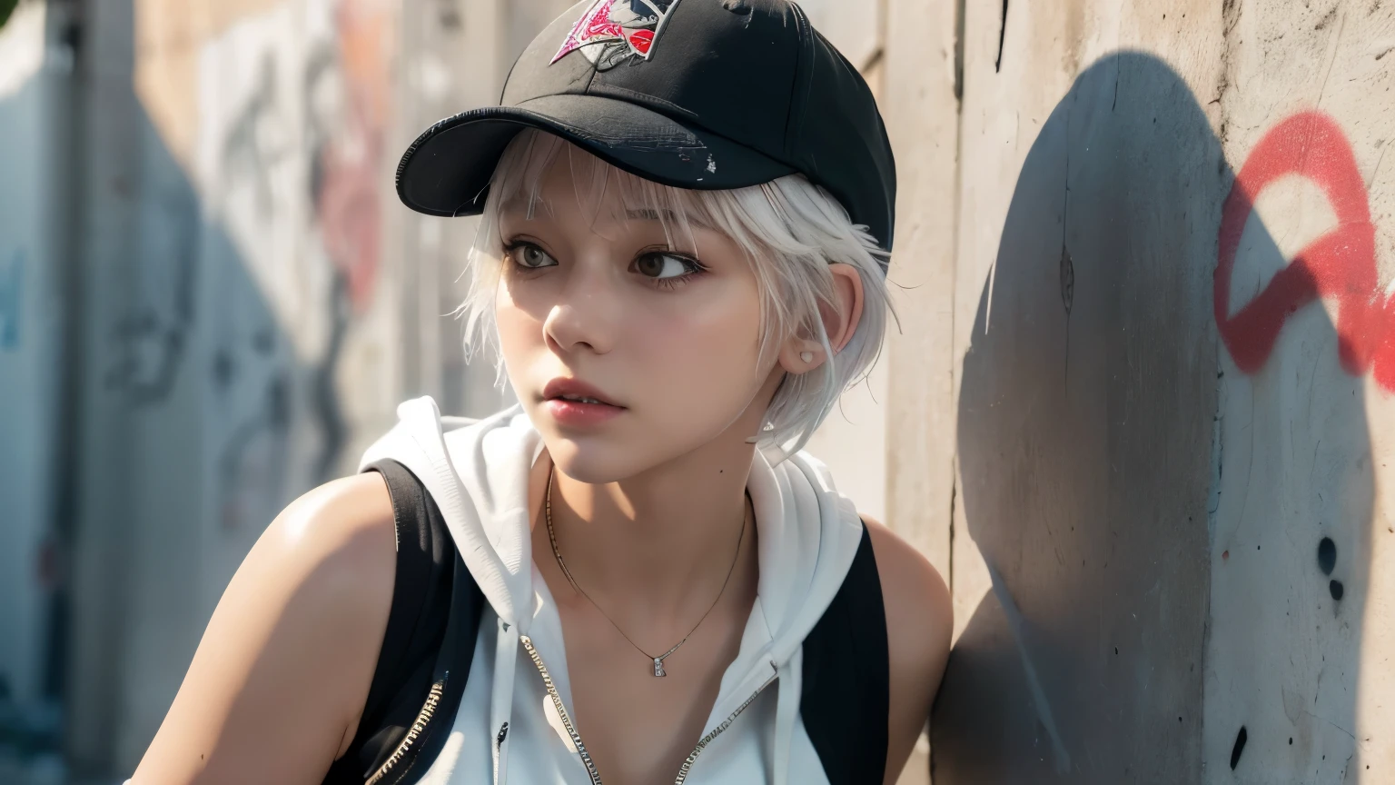 masterpiece, highest quality, Very detailed, 8k, Realistic, One Girl, alone, Tomboy, Very detailed face, (head shot:1.5), Standing in front of a wall covered in hip hop graffiti, Pixie cut white hair, He is wearing a short tank top and an open-zipped hoodie...,I can see your chest,Nice ass,Wear a New Era cap