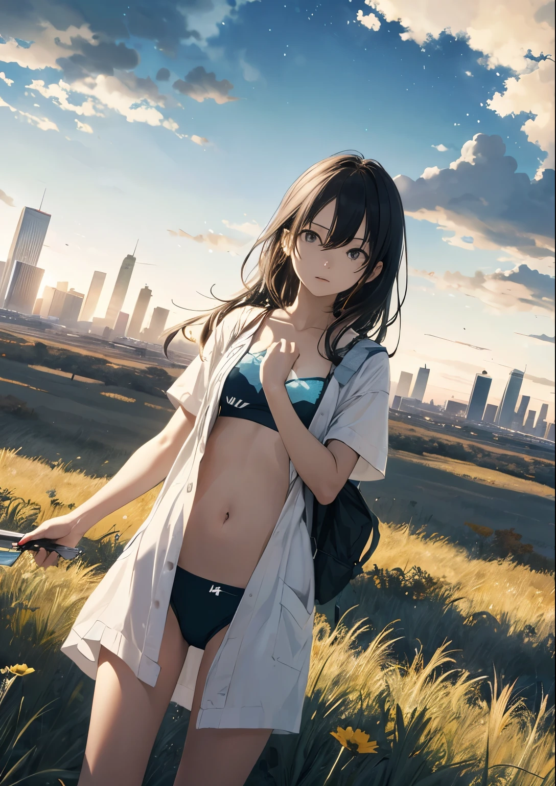 Vast sky, Beautiful skyline, Large grasslands, Extremely tense and dramatic scene, Mobile visuals, high hanging Polaris, Colorful natural glare. One in underwear、girl holding a comb
