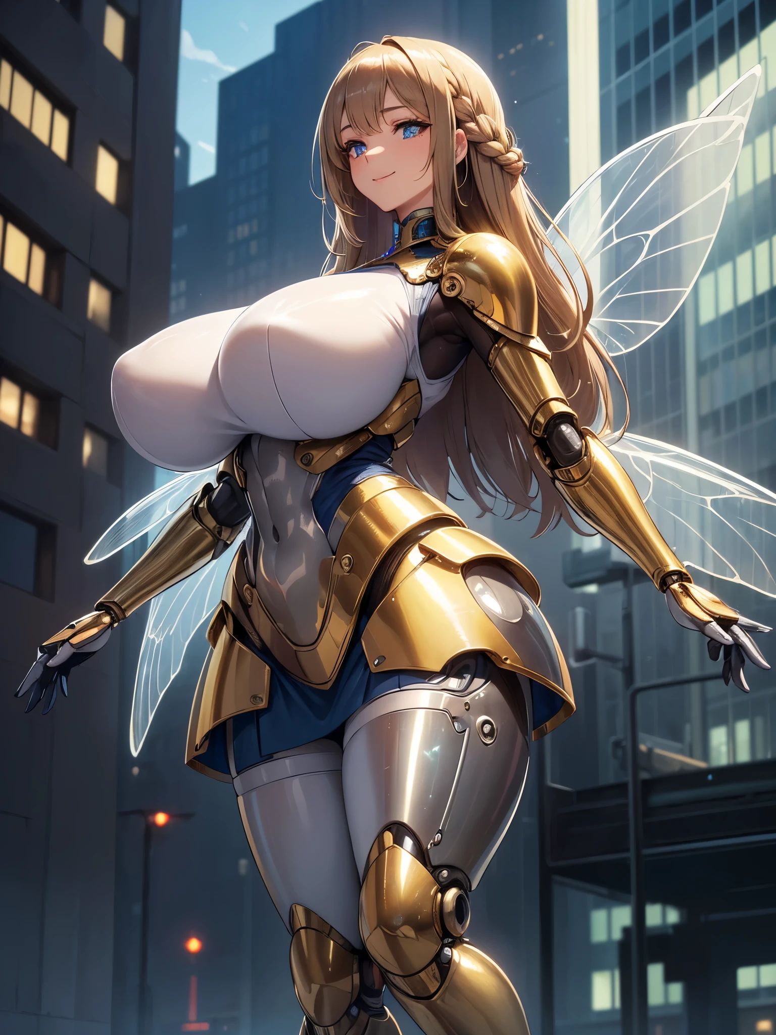 (((masterpiece))), (((best quality))), ((ultra-detailed)), (illustration), ((an extremely delicate and beautiful)), ((super detail)), ((high resolution)), (((20 years old))), metallic cloth, (insect lady), (android), ((mechanical wings)), delicate metal decorations, gleaming skin, shiny body, two legs, breast focus, (((tall))), slender legs, ((big round eyes)), cute eyes, drooping eyes, ((adult)), two hands, five fingers, no extra hands, elegant smile, braid, medium length hair, ((metallic blue)), (see-through), (dark blonde), (ultra-huge breasts), (shining brightly), outdoor, mini skirt, city, daytime, ((biopunk)),