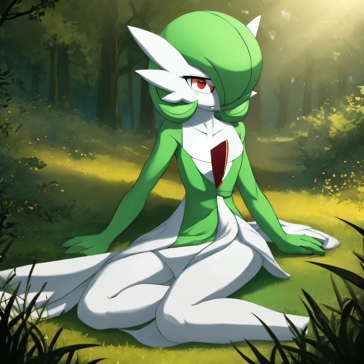 best quality, Gardevoir, pokemon, short height, red eyes, green hair, sad, crying, slim, slender body, skinny legs, looking at viewer, blurry background, outdoors, in forest, full body, slim, ((masterpiece)), best quality, 4k, cinematic lighting, ray tracing, reflected light, panorama, flat chest, high detailed illustration, high detailed background, hi-res, lying on the ground, no feet, on ground, bruised, wounded, white gardevoir dress, green top, legs together, bare legs, bare feet, curled up