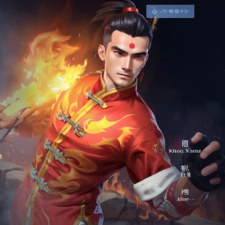 a close up of a person in a red outfit holding a fire, inspired by Pu Hua, xianxia boy,realistic