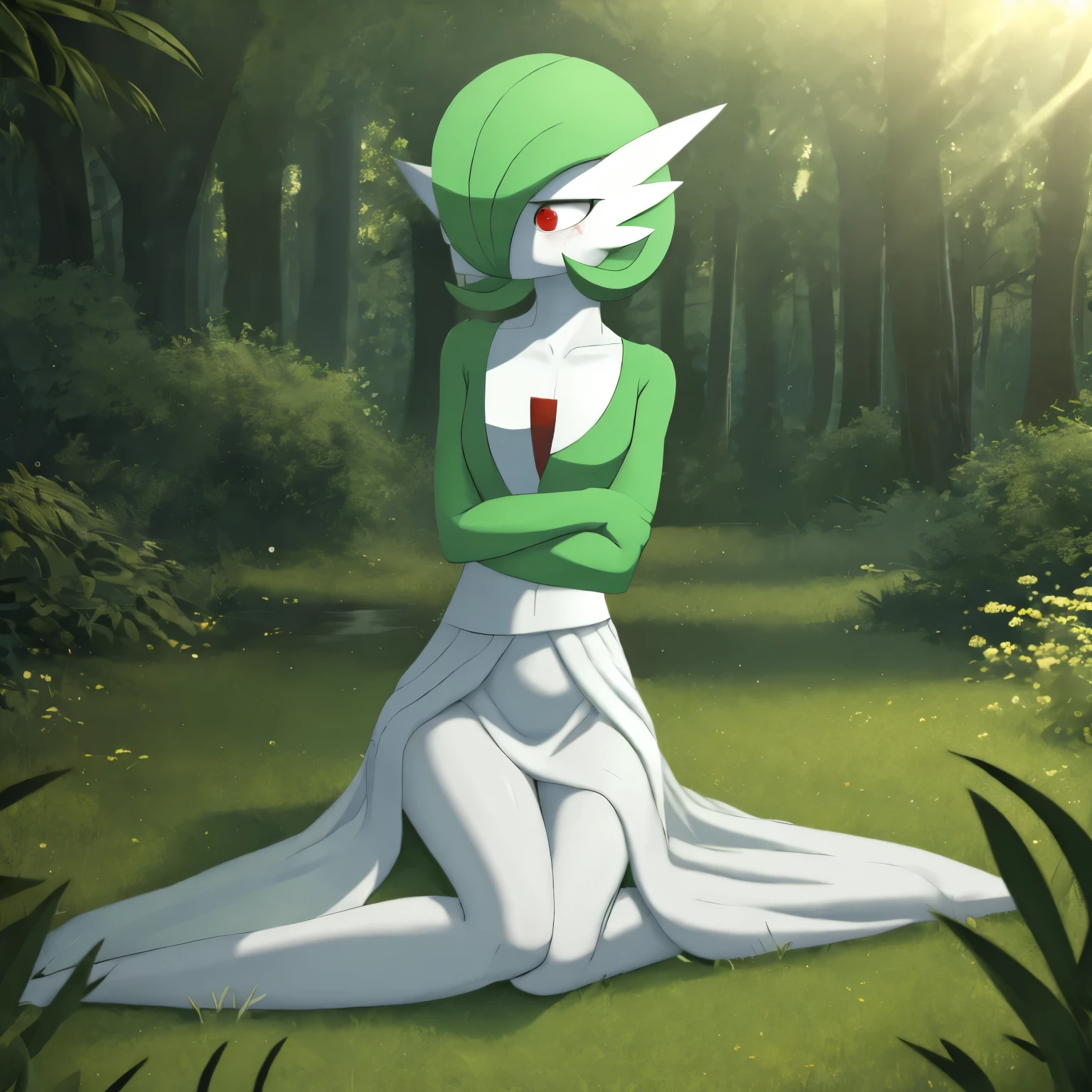 best quality, Gardevoir, pokemon, short height, red eyes, green hair, sad, crying, slim, slender body, skinny legs, looking at viewer, blurry background, outdoors, in forest, full body, slim, ((masterpiece)), best quality, 4k, cinematic lighting, ray tracing, reflected light, panorama, flat chest, high detailed illustration, high detailed background, hi-res, lying on belly, on ground, bruised, wounded, white gardevoir dress, green top, legs together, bare legs, bare feet, curled up