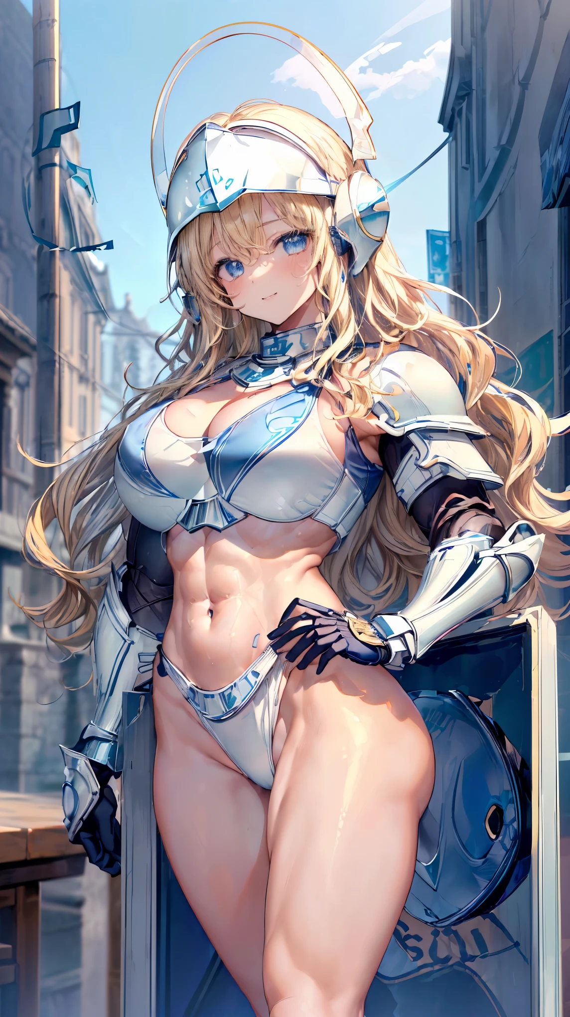 (Adult women:1.5)、Very detailed、highest quality、Best image quality、masterpiece、8k、Anime Face、A kind smile、(Open your mouth)、Sparkling blue eyes、(Blonde Wavy Hair:1.5)、、Muscles of the whole body、(High leg:1.5)、Thigh belt、(Wearing white bikini armor:1.5)、(Cowboy Shot:1.5)、(Leg armor:1.5)、(Wearing a helmet:1.5)