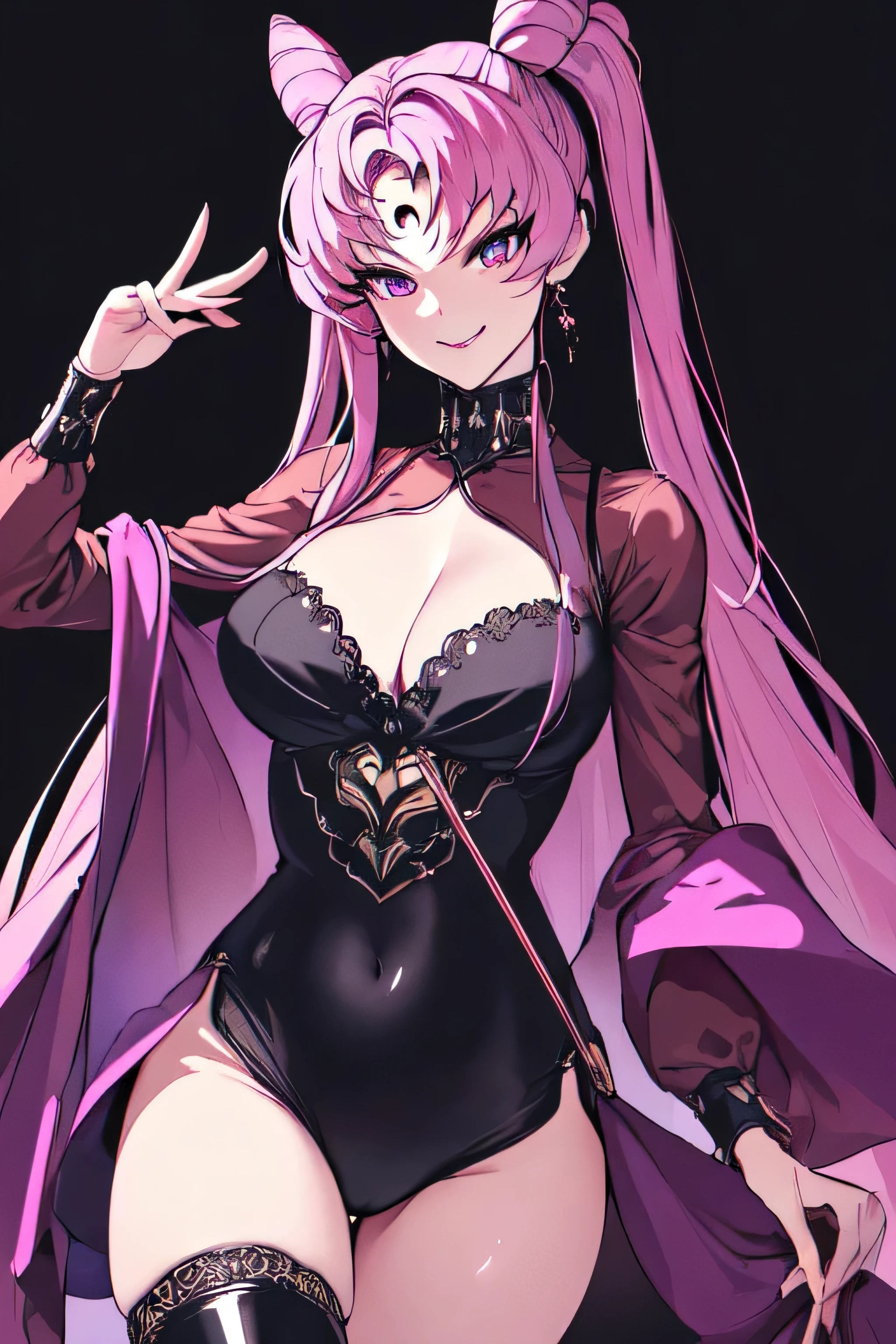 ((masterpiece,best quality)), absurdres,
Black_Lady_Sailor_Moon,
solo, smiling, looking at viewer, cowboy shot,
cinematic composition, dynamic pose,((masterpiece,best quality)),(Highest_quality:1.0), 超High resolution,4k,Super detailed, photo shoot, 8K, HDR, High resolution,looking at viewer,evil smirk,latex,thighhigh boots,(illustration:1.3),(extremely detailed:1.3),(highly detailed:1.2),(best quality:1.2),(masterpiece:1.2),(extremely detailed 8K wallpaper:1.2),(highres:1.3),(photorealistic:1.1),black and purple background