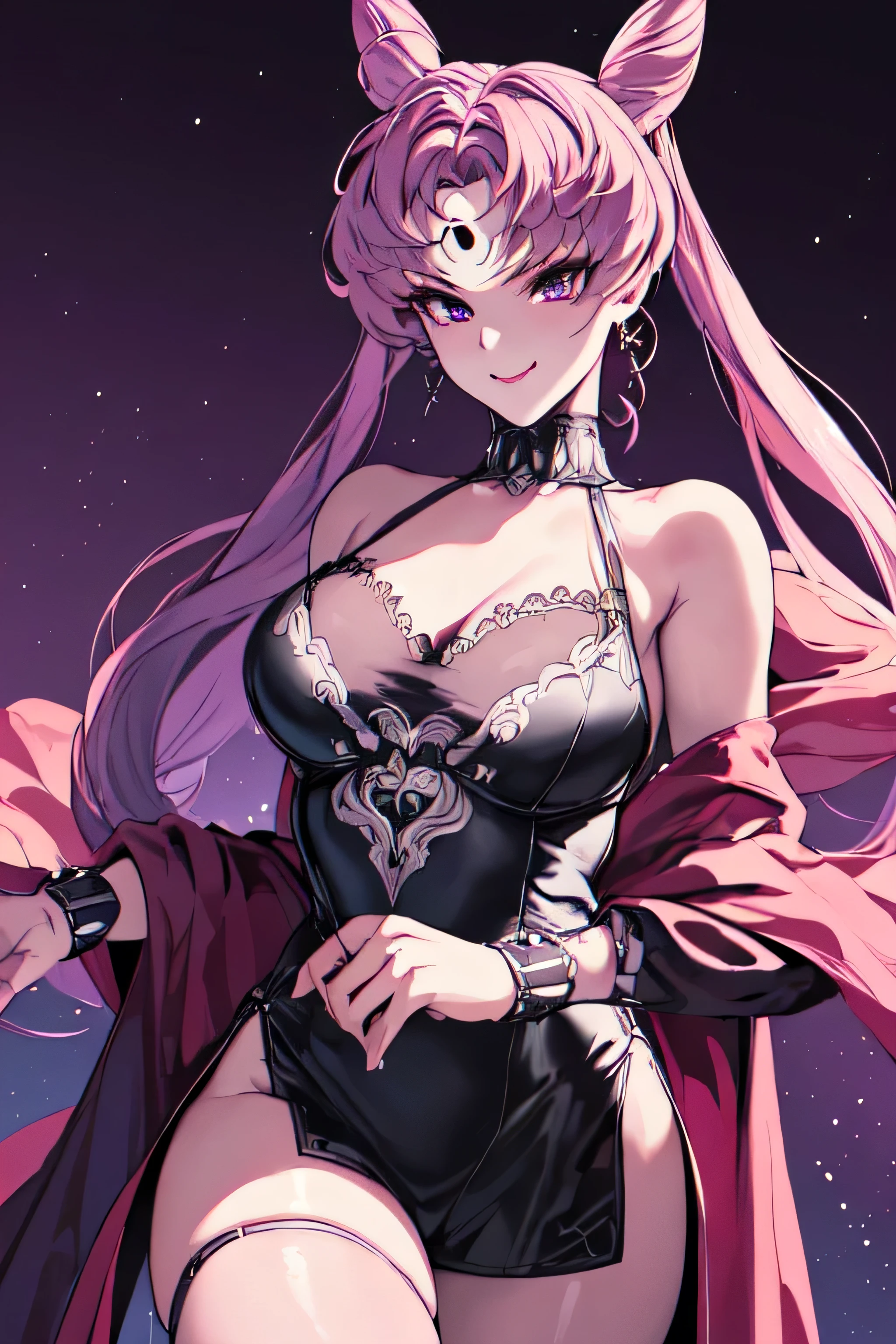 ((masterpiece,best quality)), absurdres,
Black_Lady_Sailor_Moon,
solo, smiling, looking at viewer, cowboy shot,
cinematic composition, dynamic pose,((masterpiece,best quality)),(Highest_quality:1.0), 超High resolution,4k,Super detailed, photo shoot, 8K, HDR, High resolution,looking at viewer,evil smirk,latex,thighhigh boots,(illustration:1.3),(extremely detailed:1.3),(highly detailed:1.2),(best quality:1.2),(masterpiece:1.2),(extremely detailed 8K wallpaper:1.2),(highres:1.3),(photorealistic:1.1),black and purple background