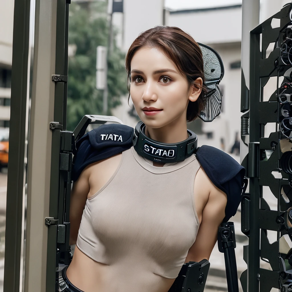 (SFW)、Crisp image quality,highest quality, masterpiece, High resolution, Realistic, RAW Photos, 8k wallpaper, perfection, Professional Lighting, Very detailed, Written boundary depth, ((One beautiful woman)), Beautiful Face、beauty、33 years old,Beautiful Eyes, (((SWAT team equipment:1.5))), Shapely small breasts, Light brown wavy hair, short hair,Muscular,belly button、sexy