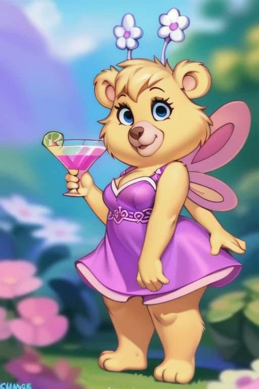 butterbear, bear, antennae_(anatomy), insect_wings, short stack, breasts, fancy cocktail dress, cocktail in hand, blue eyes, looking at viewer, 3 toes , showing feet, uploaded on e621, (detailed background, depth of field), (intricate:1.1), (high detail:1.2), (soft focus), (masterpiece, best quality, 8k, 4k, shaded, absurd res), by Chunie, by CyanCapsule, by Hallogreen