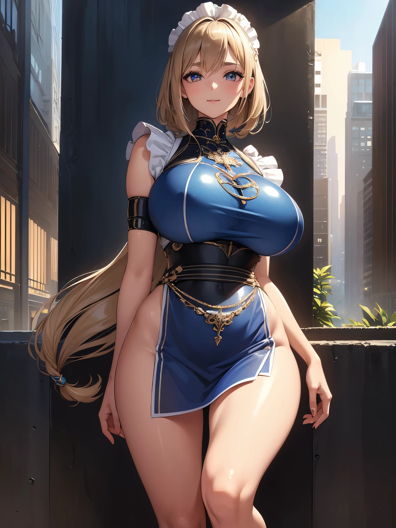 (((masterpiece))), (((best quality))), ((ultra-detailed)), (illustration), ((an extremely delicate and beautiful)), ((super detail)), ((high resolution)), (((20 years old))), metallic cloth, (kunoichi), (android), ((maid)), delicate metal decorations, gleaming skin, shiny body, two legs, breast focus, (((tall))), slender legs, ((big round eyes)), cute eyes, drooping eyes, ((adult)), two hands, five fingers, no extra hands, elegant smile, braid, medium length hair, ((metallic blue)), (see-through), (dark blonde), (ultra-huge breasts), (shining brightly), outdoor, mini skirt, city, daytime, ((biopunk)),