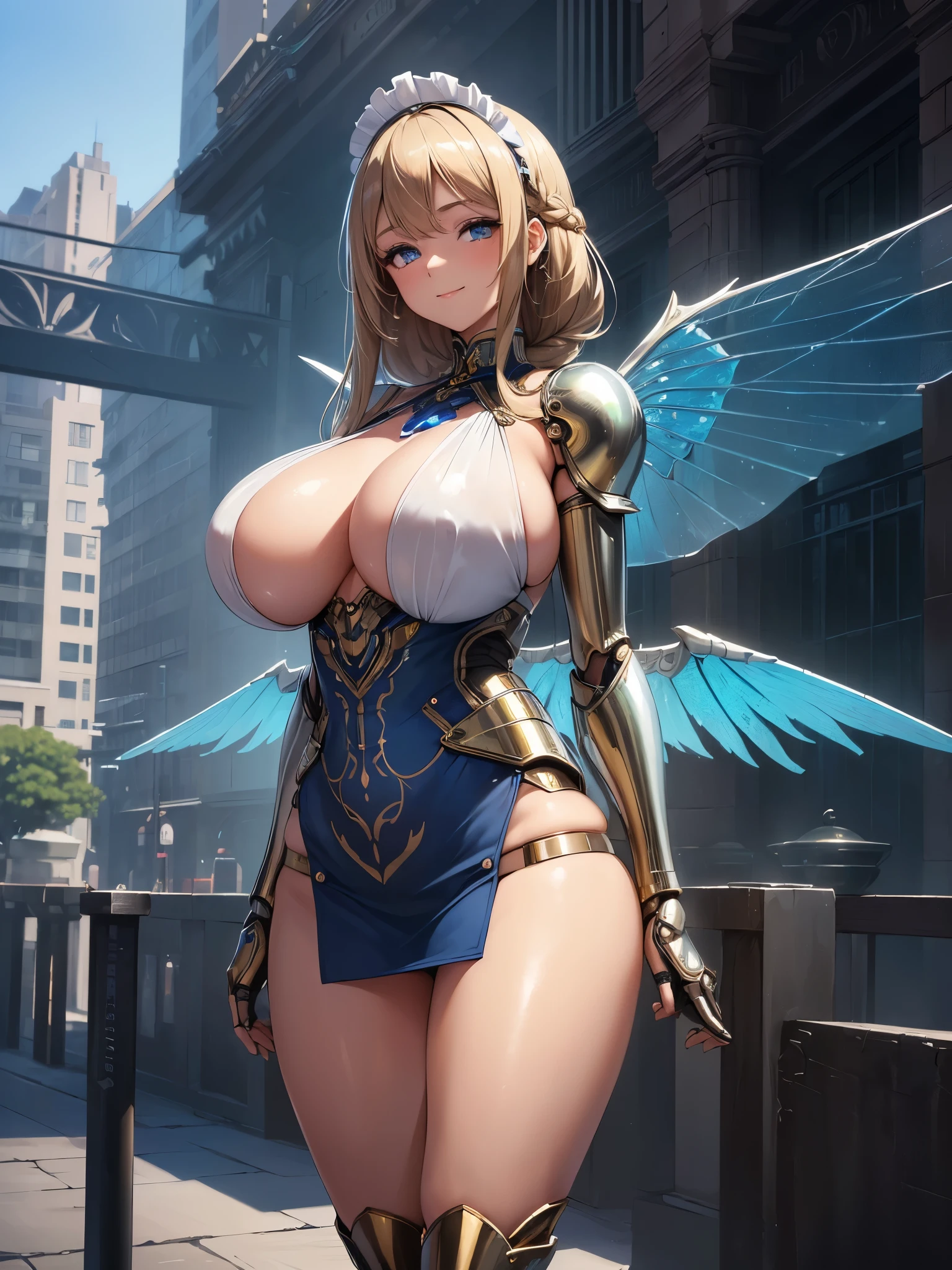 (((masterpiece))), (((best quality))), ((ultra-detailed)), (illustration), ((an extremely delicate and beautiful)), ((super detail)), ((high resolution)), (((20 years old))), metallic cloth, (maid), (android), ((mechanical wings)), delicate metal decorations, gleaming skin, shiny body, two legs, breast focus, (((tall))), slender legs, ((big round eyes)), cute eyes, drooping eyes, ((adult)), two hands, five fingers, no extra hands, elegant smile, braid, medium length hair, ((metallic blue)), (see-through), (dark blonde), (ultra-huge breasts), (shining brightly), outdoor, mini skirt, city, daytime, ((biopunk)),