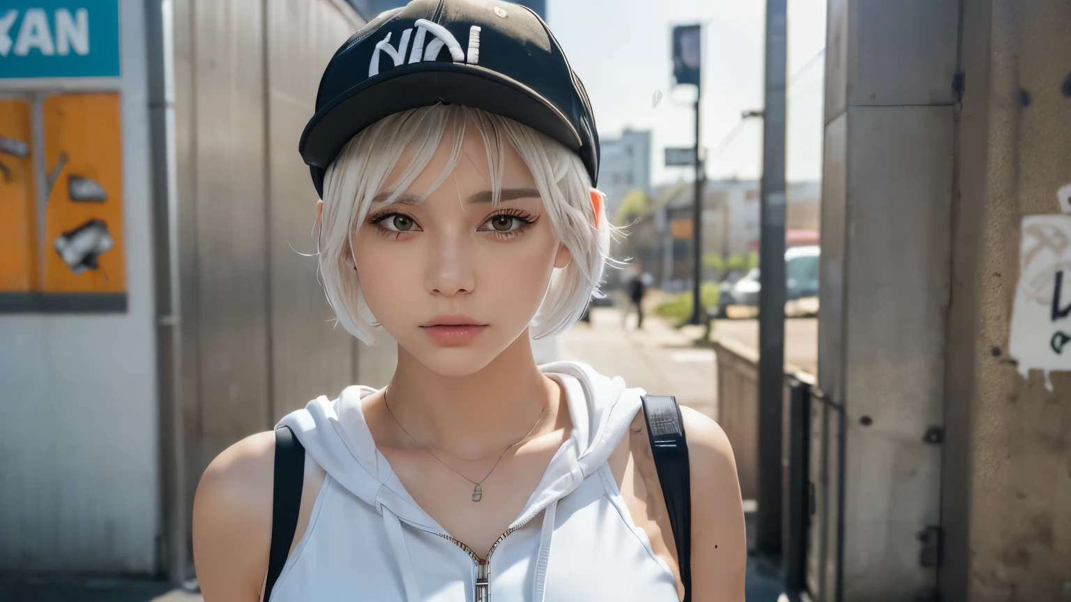 masterpiece, highest quality, Very detailed, 8k, Realistic, One Girl, alone, Tomboy, Very detailed face, (head shot:1.5), Standing in front of a wall covered in hip hop graffiti, Pixie cut white hair, He is wearing a short tank top and an open-zipped hoodie...,I can see your chest,Nice ass,Wear a New Era cap