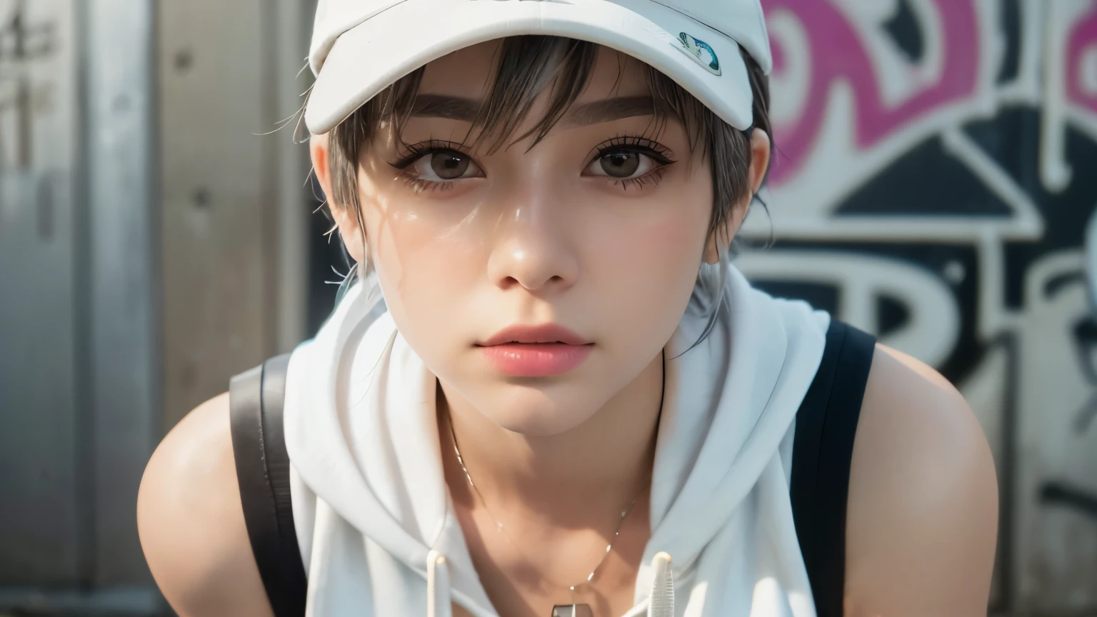 masterpiece, highest quality, Very detailed, 8k, Realistic, One Girl, alone, Tomboy, Very detailed face, (head shot:1.5), Standing in front of a wall covered in hip hop graffiti, Pixie cut white hair, He is wearing a short tank top and an open-zipped hoodie...,I can see your chest,Nice ass,Wear a New Era cap