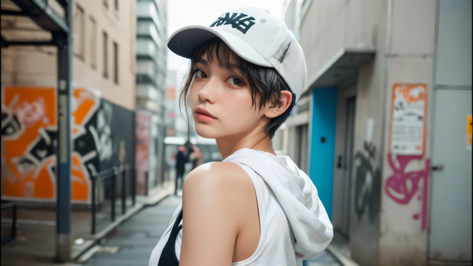 masterpiece, highest quality, Very detailed, 8k, Realistic, One Girl, alone, Tomboy, Very detailed face, (head shot:1.5), Standing in front of a wall covered in hip hop graffiti, Pixie cut white hair, He is wearing a short tank top and an open-zipped hoodie...,I can see your chest,Nice ass,Wear a New Era cap